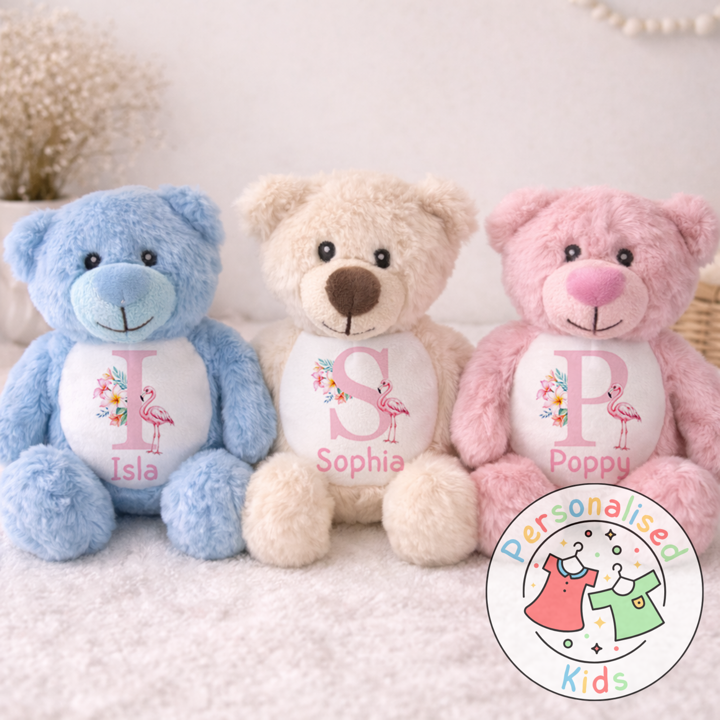 Personalised Pink Flamingo Teddy Bear - Custom Name & Initial Keepsake Gift PF004