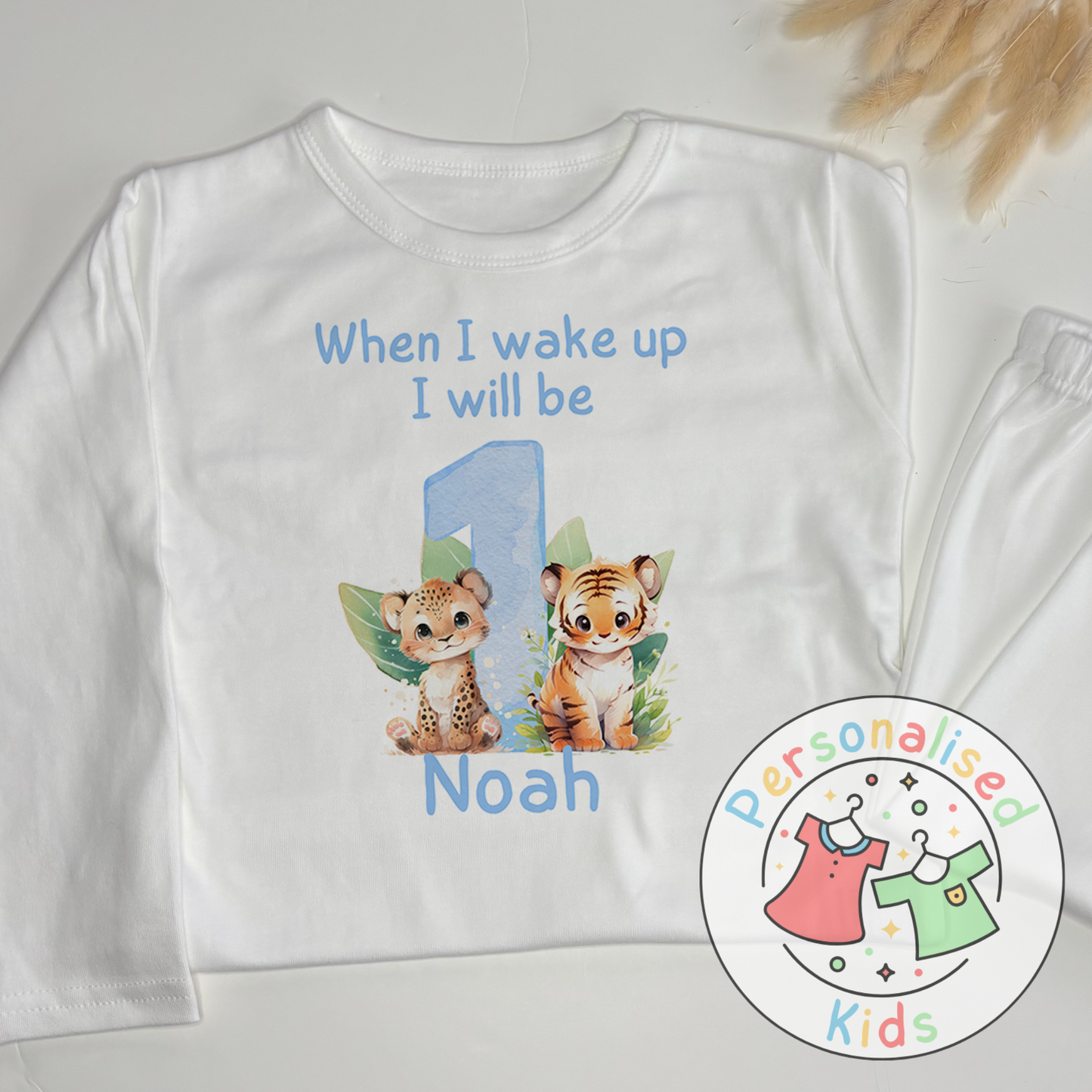Personalized Safari Animal Birthday Pyjamas – Cute & Comfy for Your Little Explorer! BLUE NUMBER