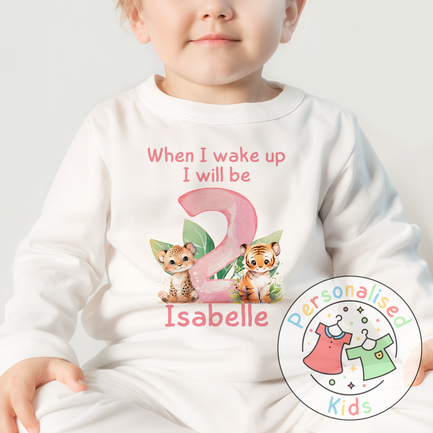 Personalized Safari Animal Birthday Pyjamas – Cute & Comfy for Your Little Explorer! PINK NUMBER