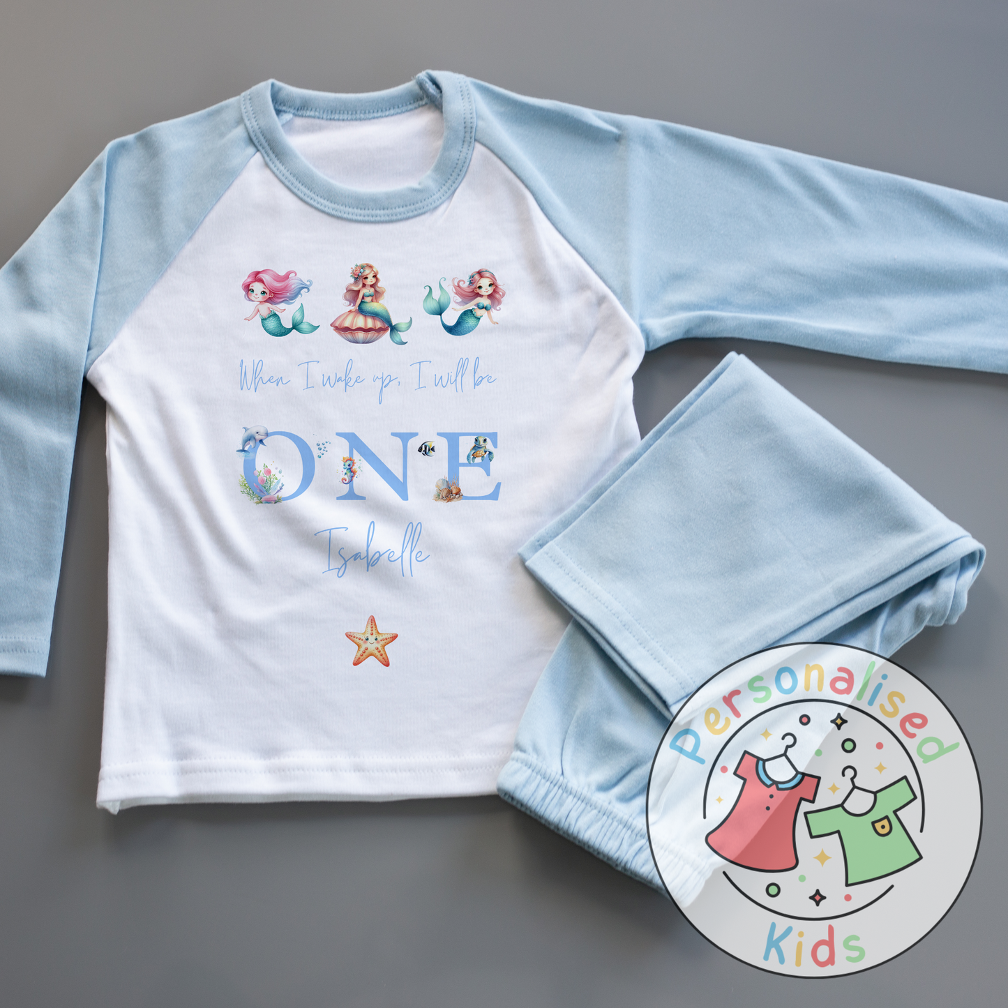 Personalised Mermaid Birthday Pyjamas – “When I Wake Up, I Will Be” Design BLUE WORD