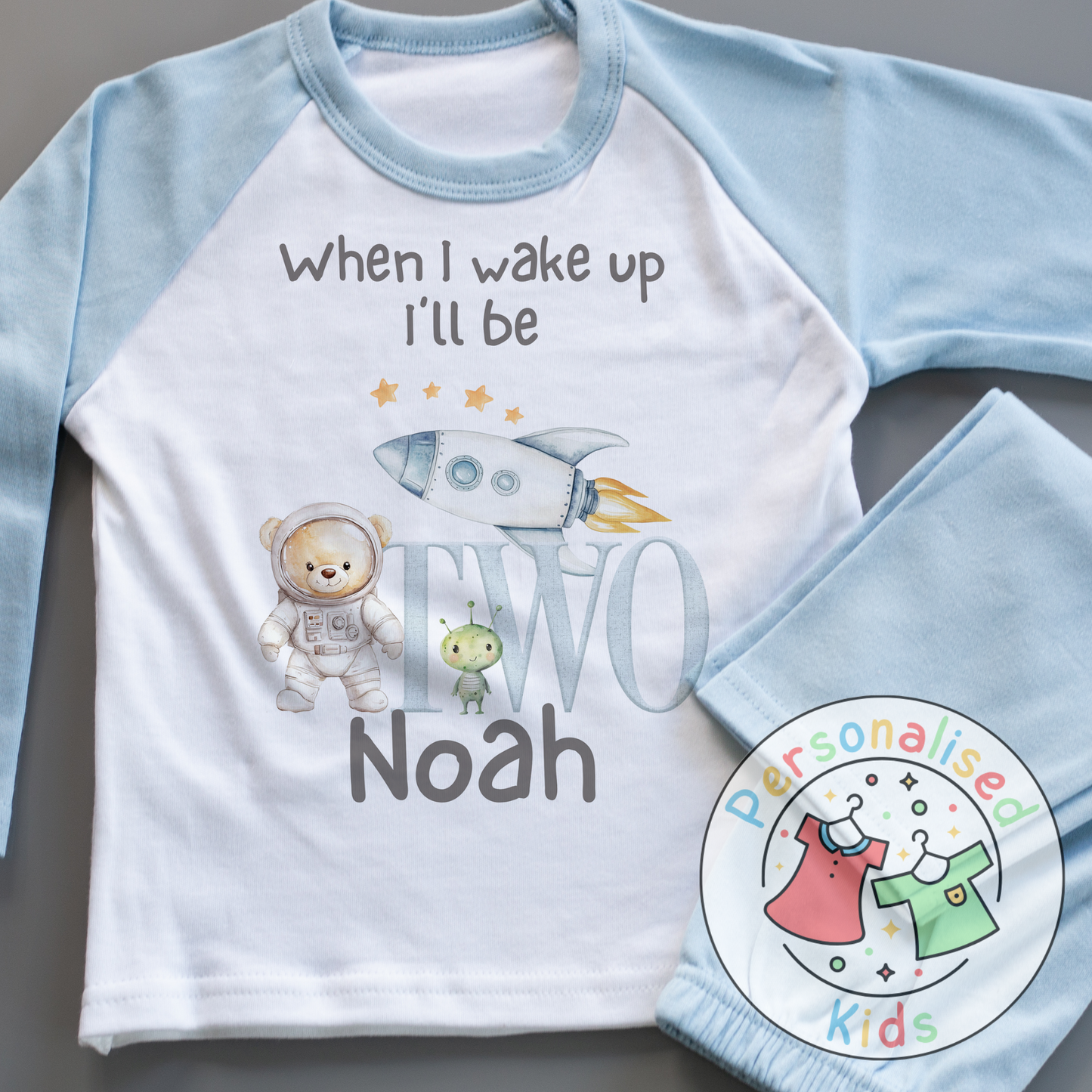 Personalised Space Bear Birthday Pyjamas – “When I Wake Up, I Will Be” Design
