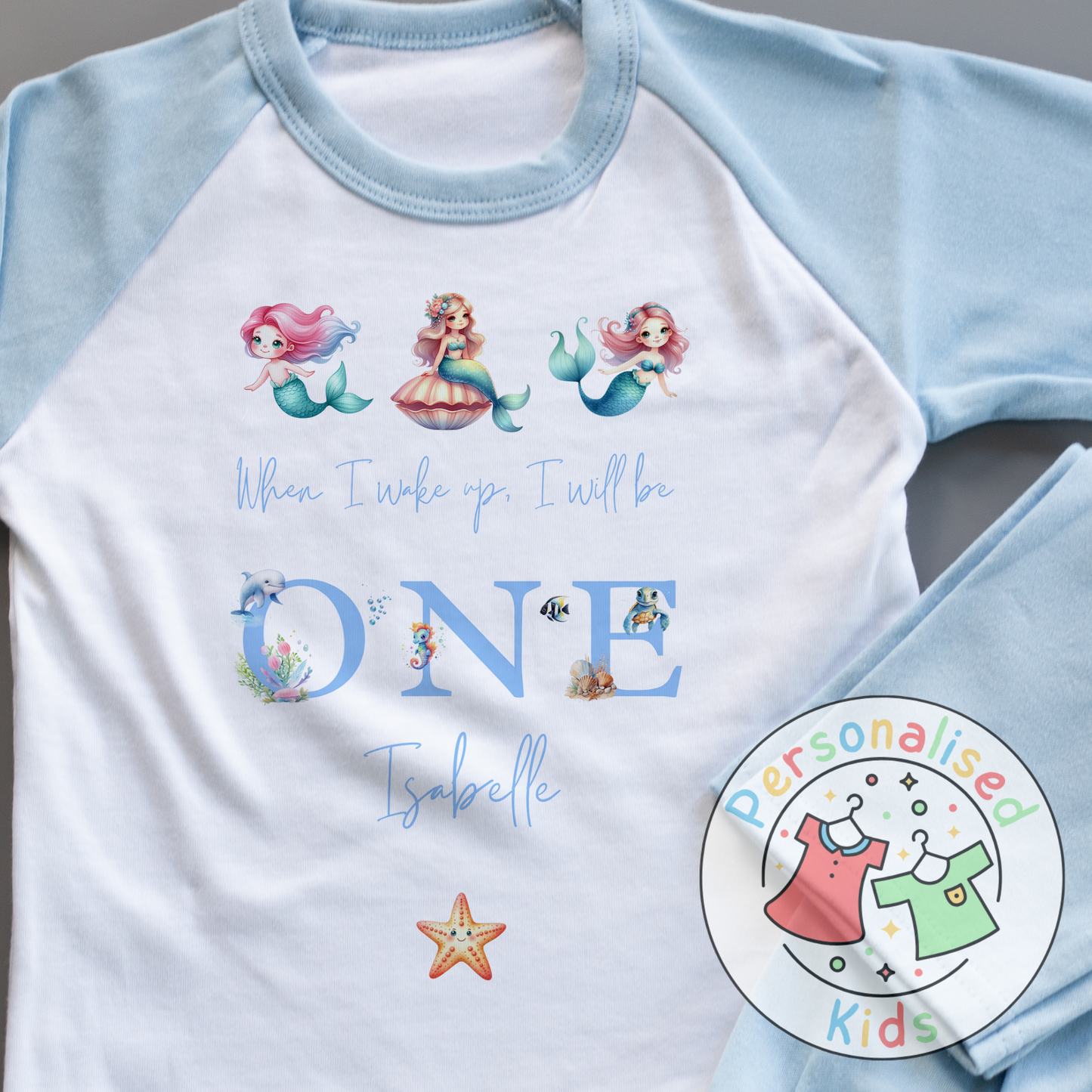 Personalised Mermaid Birthday Pyjamas – “When I Wake Up, I Will Be” Design BLUE WORD