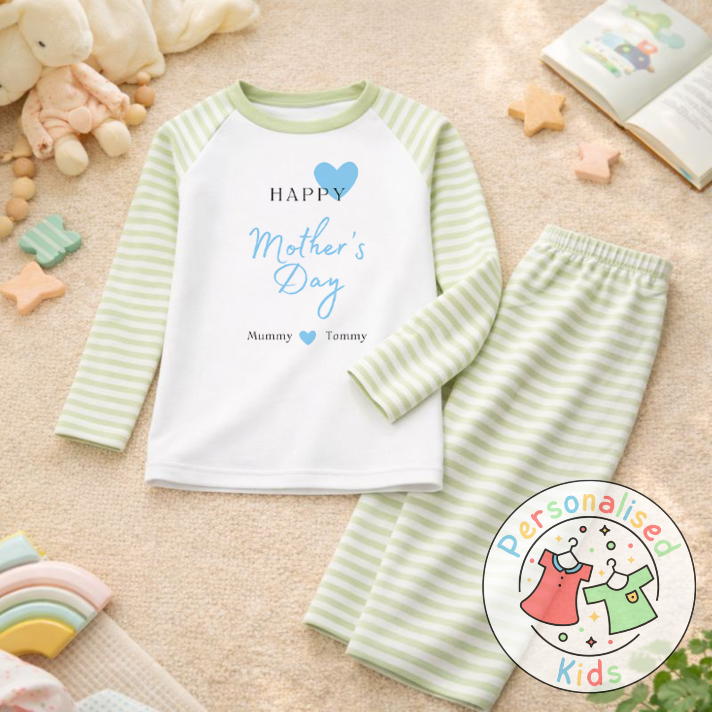 Personalised Mother’s Day Kids Pyjamas | Blue Heart Design | Custom Names MD002