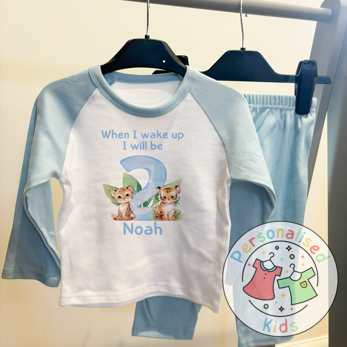 Personalized Safari Animal Birthday Pyjamas – Cute & Comfy for Your Little Explorer! BLUE NUMBER