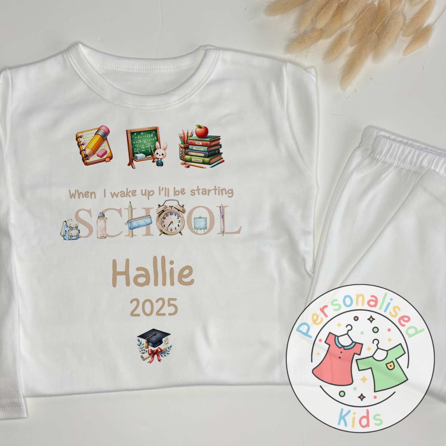 Personalised “When I Wake Up I Will Be Starting School” Pyjamas – Beige Stationery Theme