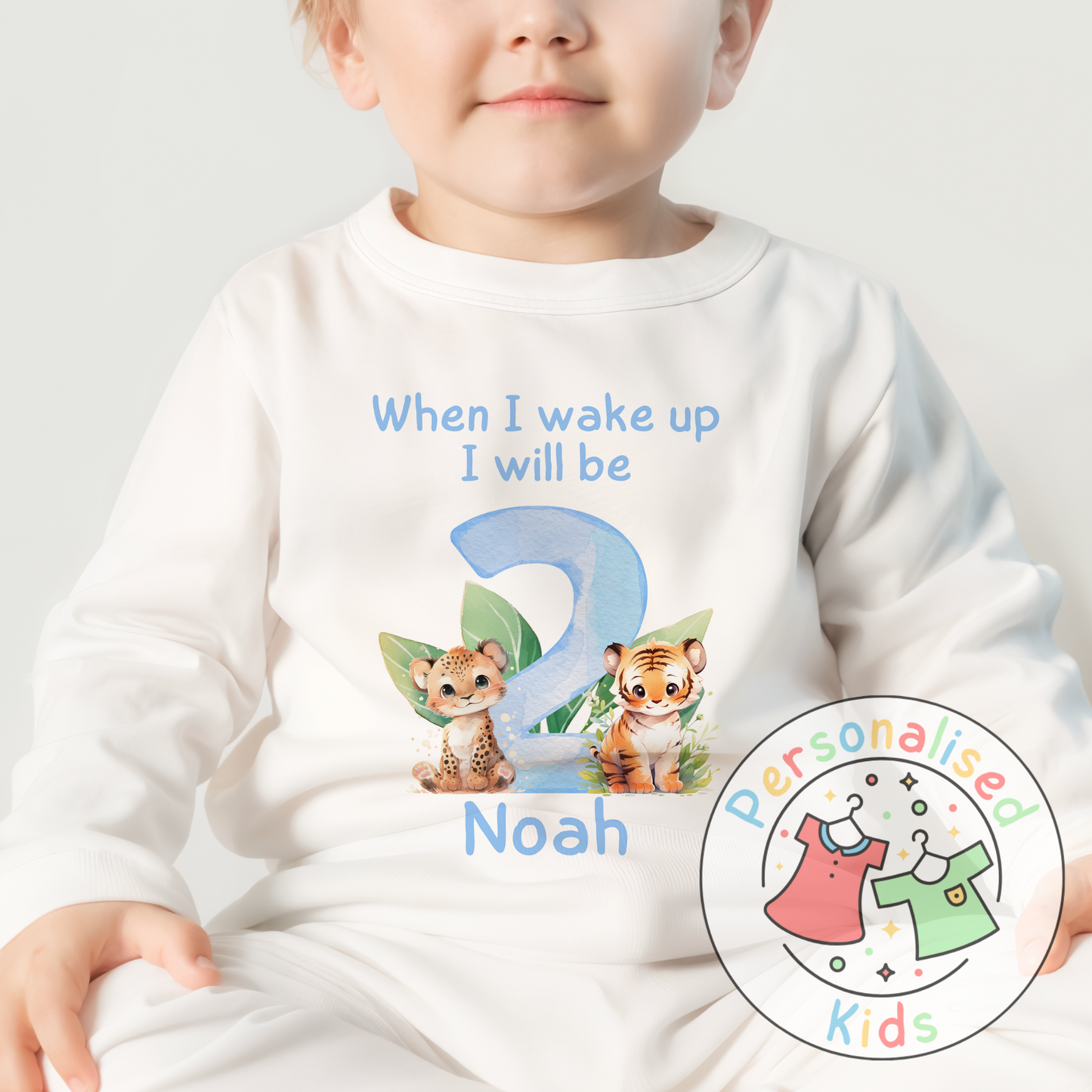 Personalized Safari Animal Birthday Pyjamas – Cute & Comfy for Your Little Explorer! BLUE NUMBER