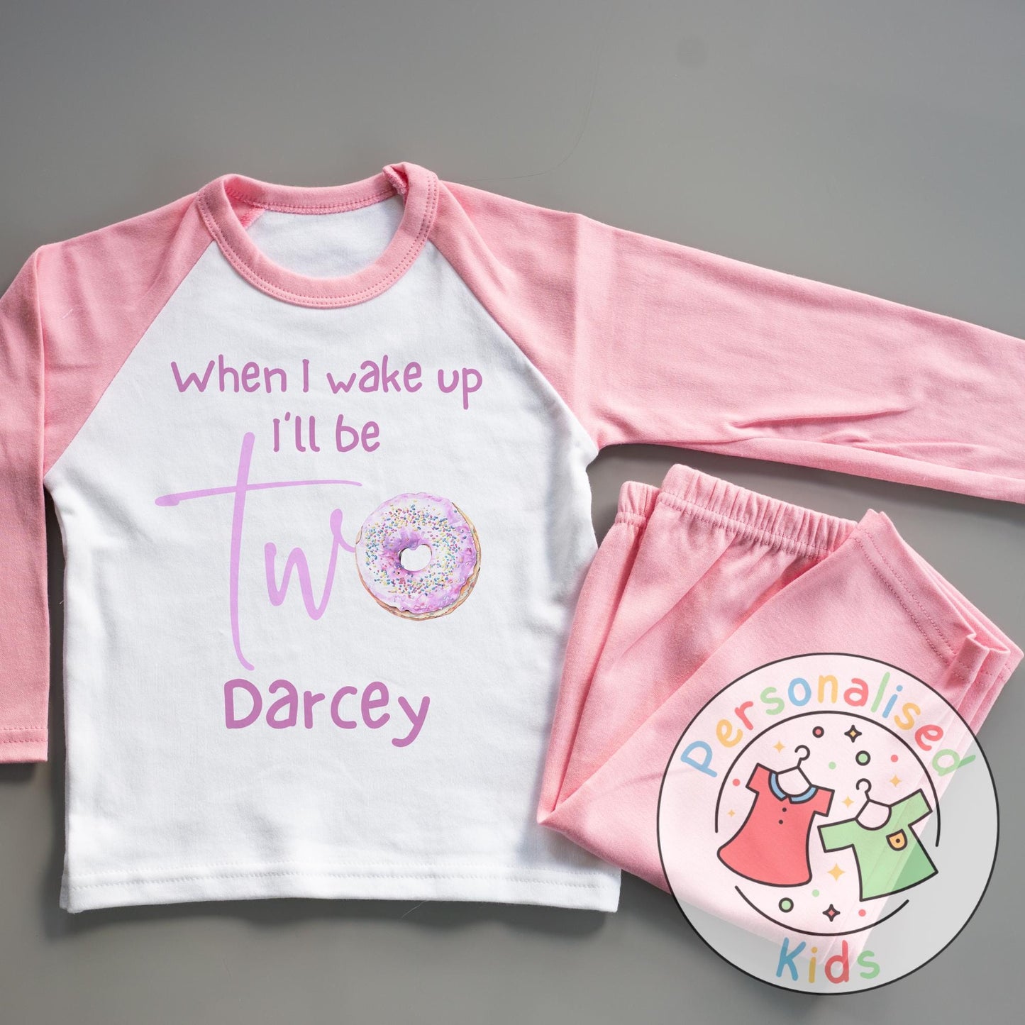 Personalised Donut Second Birthday Pyjamas – “When I Wake Up, I’ll Be Two” Design