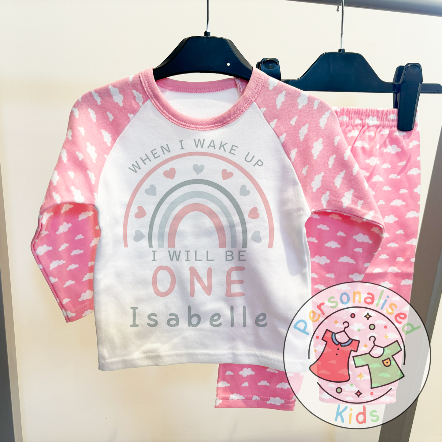 🌈 Personalised Pink & Grey Rainbow "When I Wake Up I Will Be" Birthday Pyjamas – Custom Age & Name 🌟