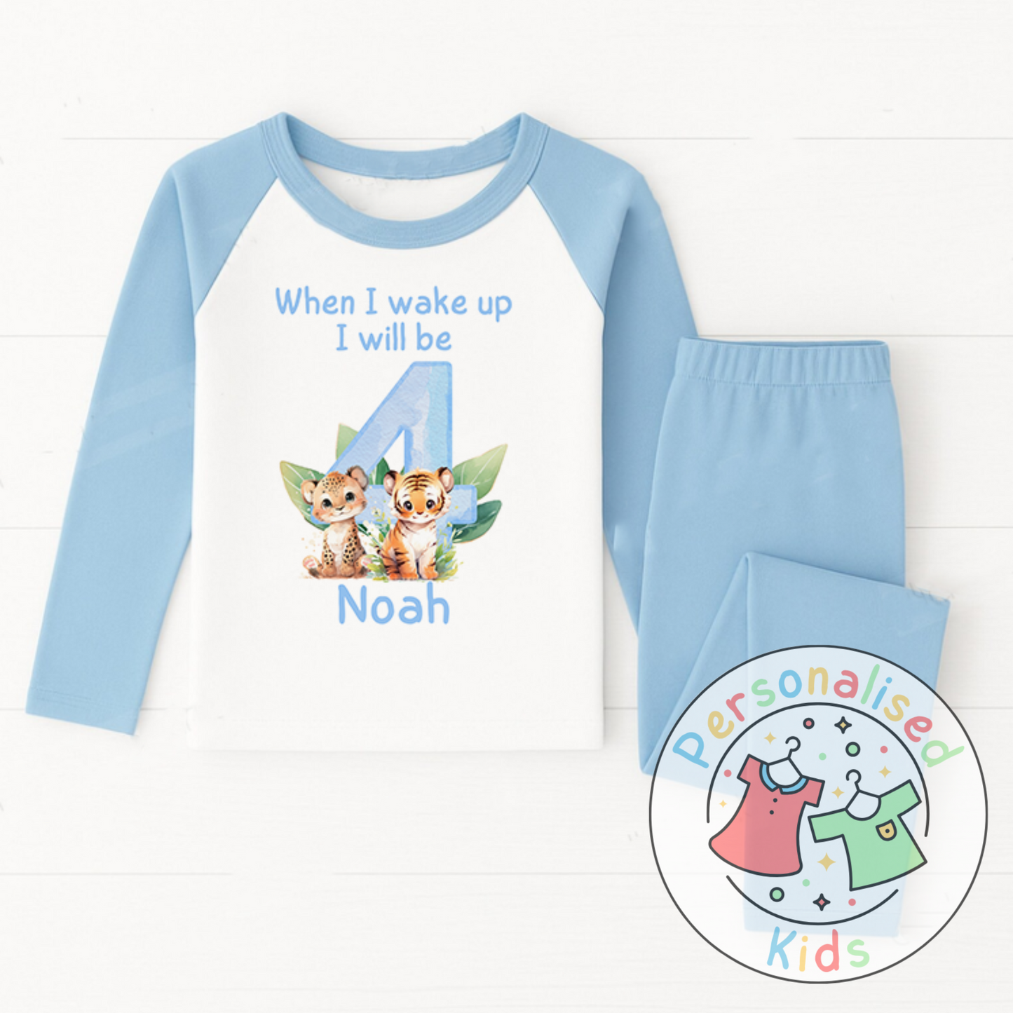 Personalized Safari Animal Birthday Pyjamas – Cute & Comfy for Your Little Explorer! BLUE NUMBER