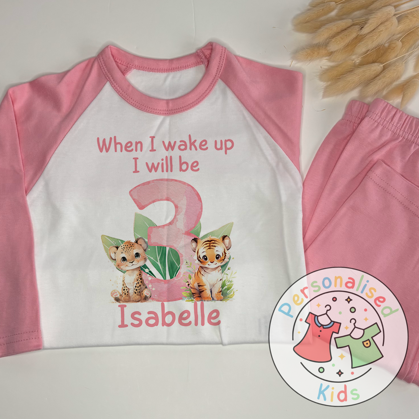 Personalized Safari Animal Birthday Pyjamas – Cute & Comfy for Your Little Explorer! PINK NUMBER