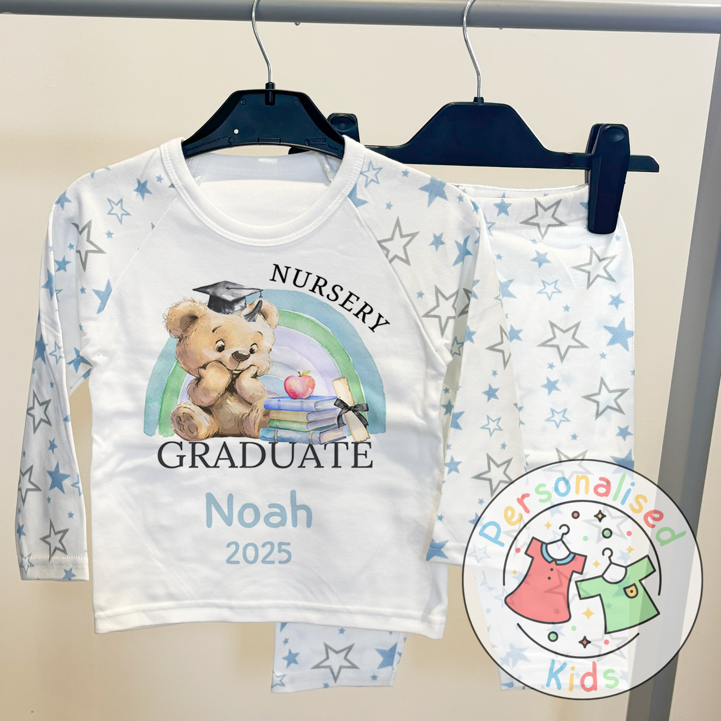 Personalised “GRADUATE” Pyjamas – Blue Rainbow & Bear Graduation Design