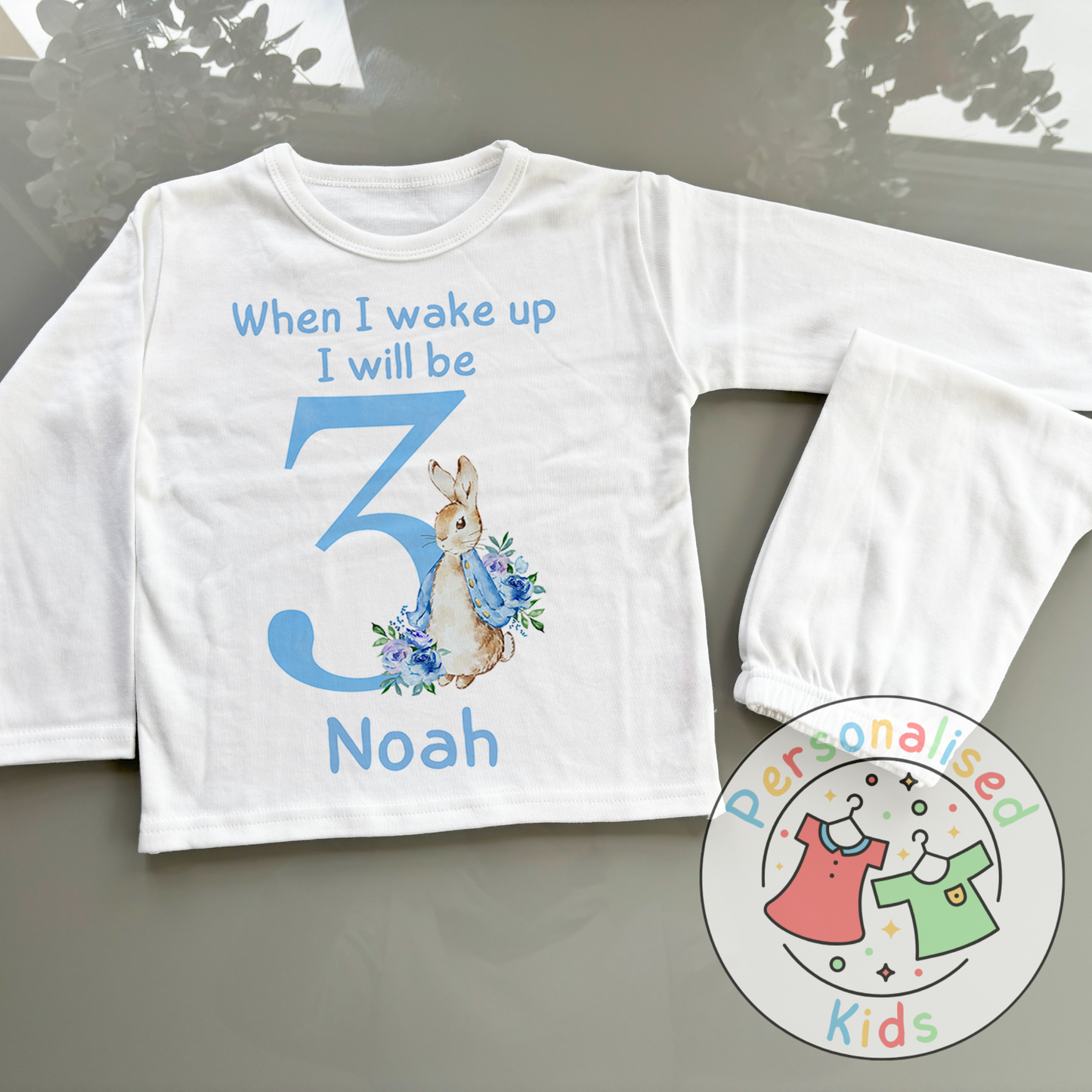 🐰 Personalised "When I Wake Up, I Will Be" Blue Floppy Rabbit Birthday Pyjamas – Custom Age & Name 🎈