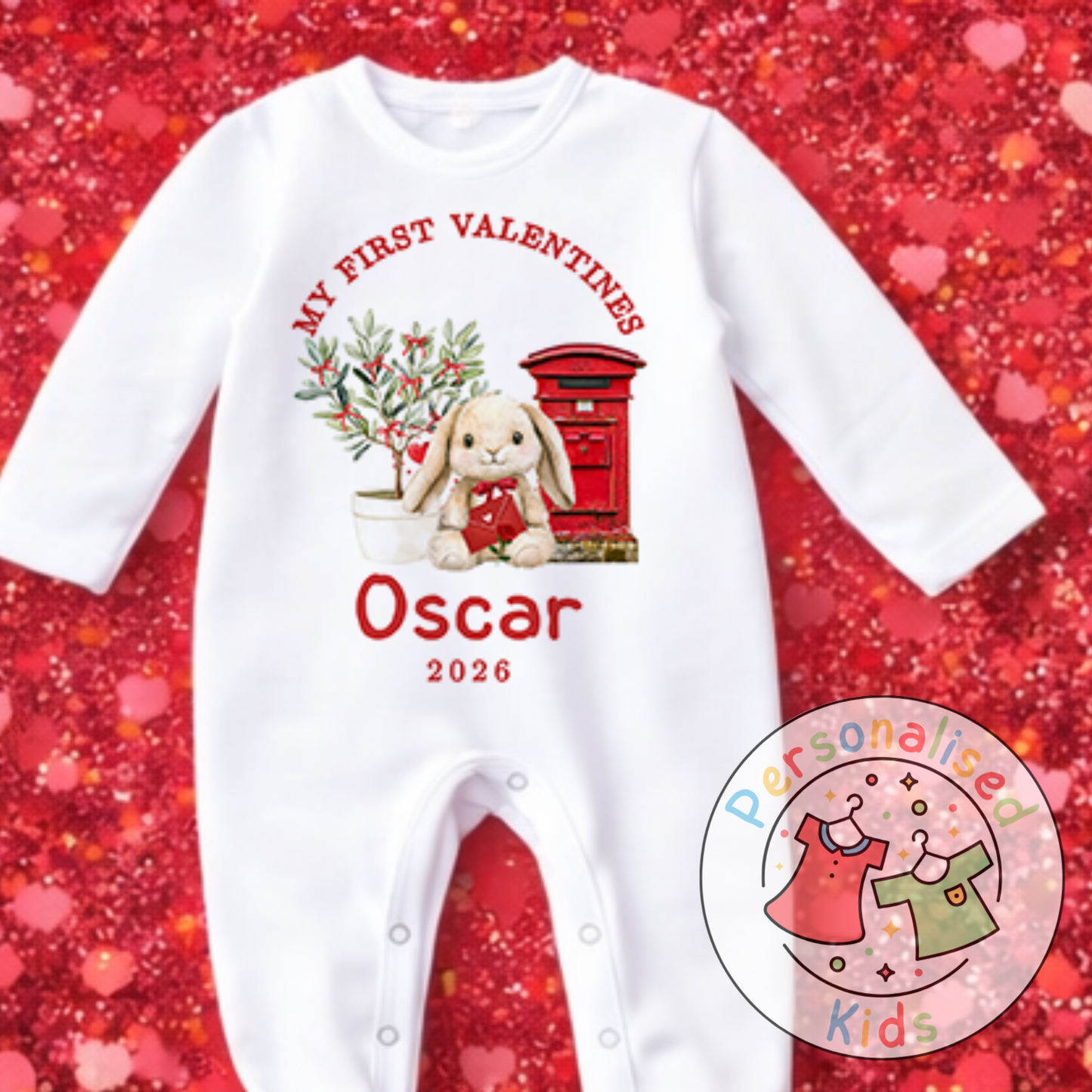 Personalised “My First Valentines” Baby Grow, Long-Sleeved Bodysuit and Romper V023
