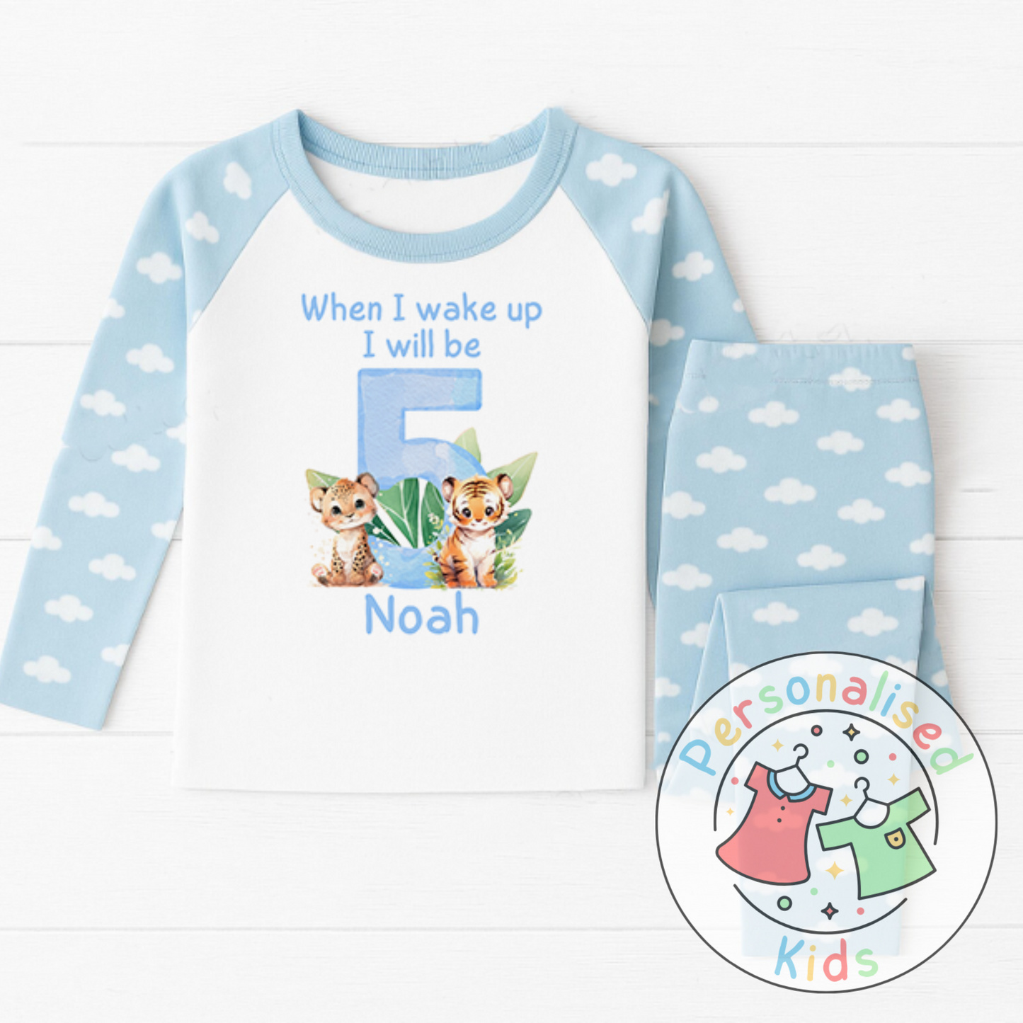 Personalized Safari Animal Birthday Pyjamas – Cute & Comfy for Your Little Explorer! BLUE NUMBER