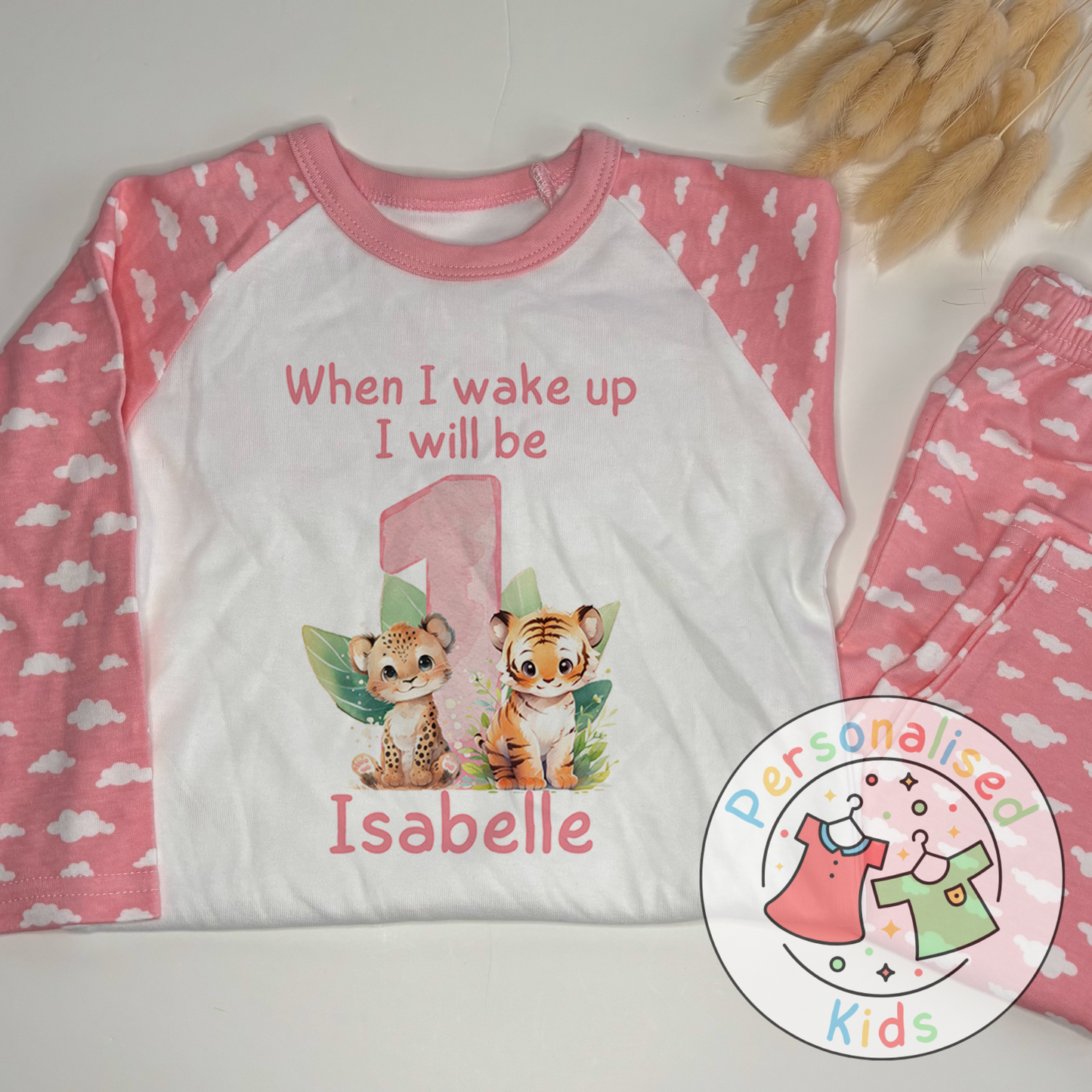 Personalized Safari Animal Birthday Pyjamas – Cute & Comfy for Your Little Explorer! PINK NUMBER
