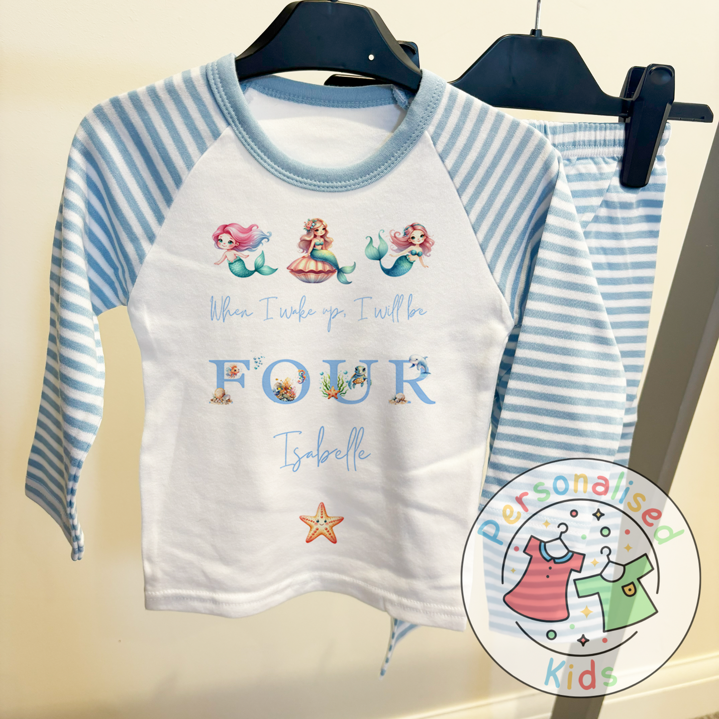 Personalised Mermaid Birthday Pyjamas – “When I Wake Up, I Will Be” Design BLUE WORD