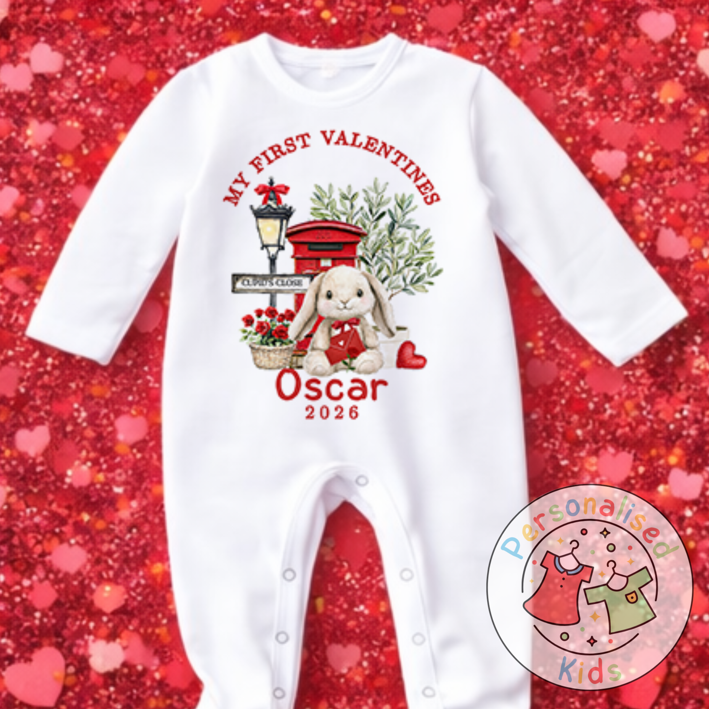 Personalised “My First Valentines” Baby Grow, Long-Sleeved Bodysuit and Romper V017