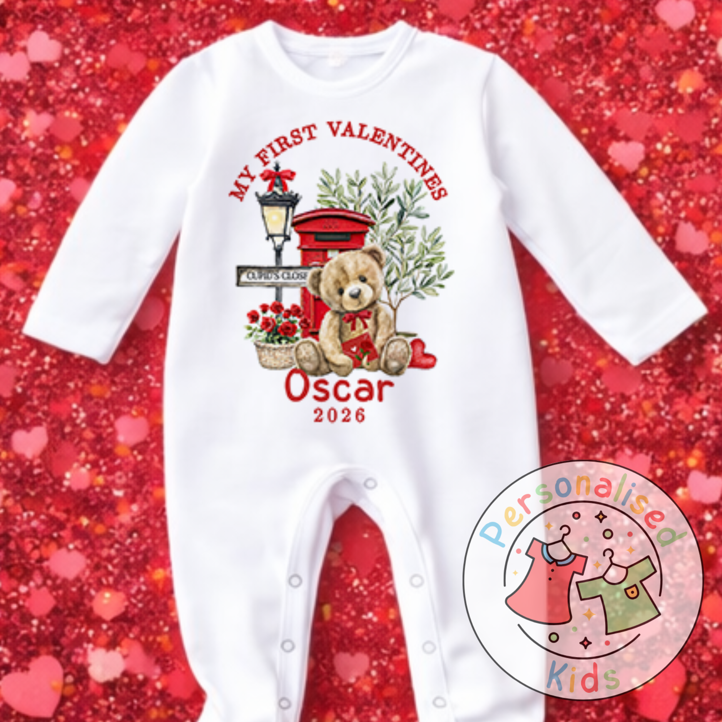 Personalised “My First Valentines” Baby Grow, Long-Sleeved Bodysuit and Romper V018