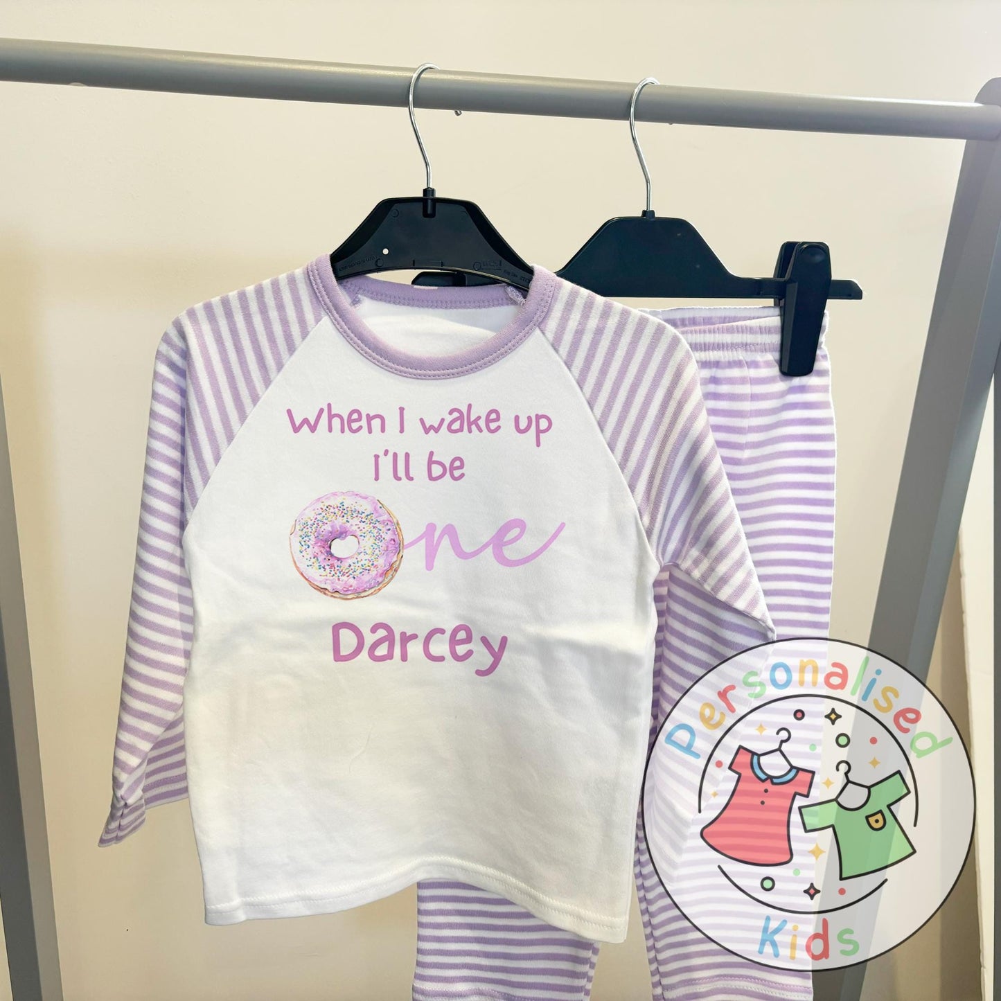 Personalised Donut First Birthday Pyjamas – “When I Wake Up, I’ll Be One” Design