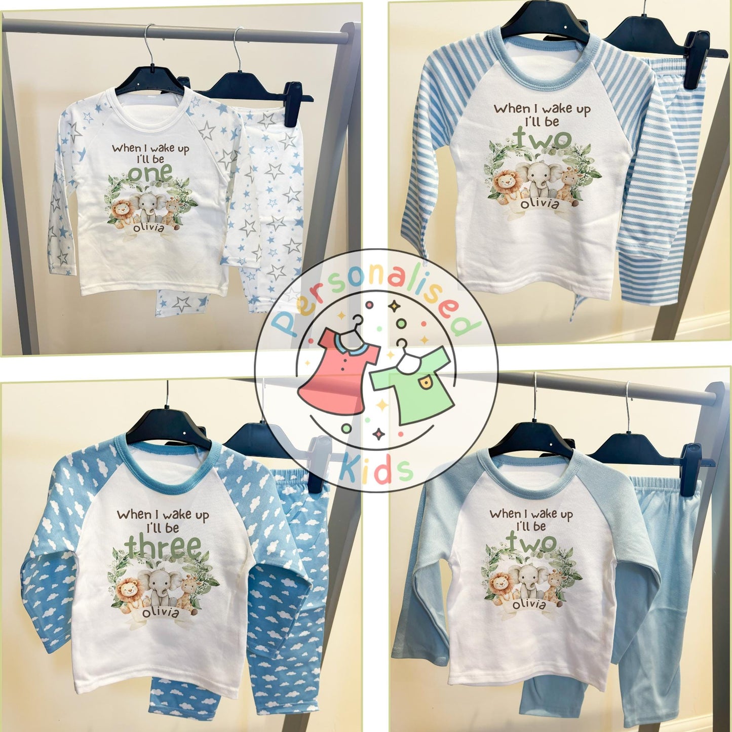 Personalised Safari Animals Birthday Pyjamas – “When I Wake Up I Will Be” Design