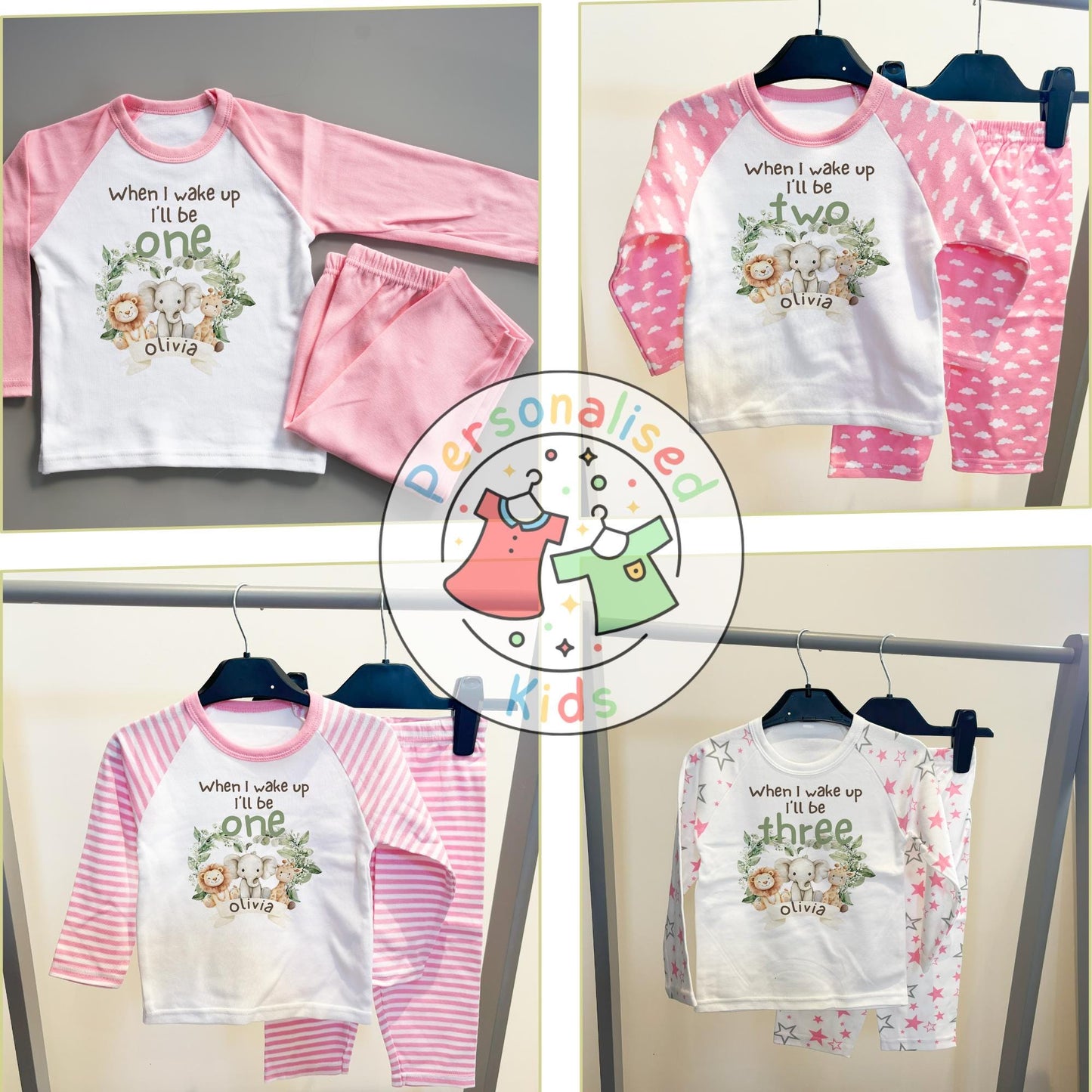 Personalised Safari Animals Birthday Pyjamas – “When I Wake Up I Will Be” Design