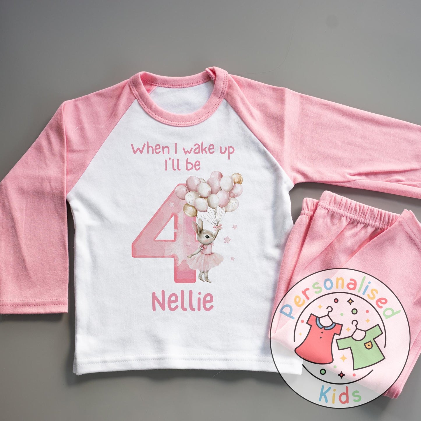 π°β¨ Personalised "When I Wake Up, I Will Be" Pink Floppy Rabbit Birthday Pyjamas β Custom Age & Name β¨π°