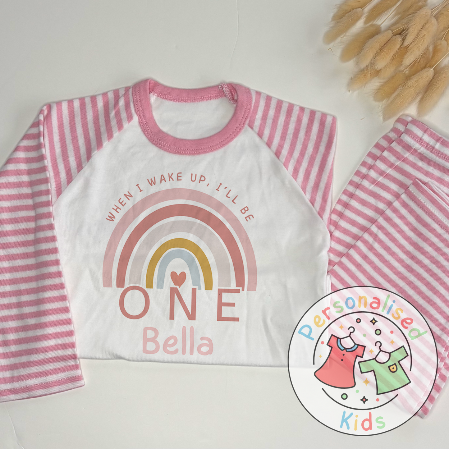 π Personalised Pink Rainbow βWhen I Wake Up, I Will Beβ Birthday Pyjamas β RB001 π