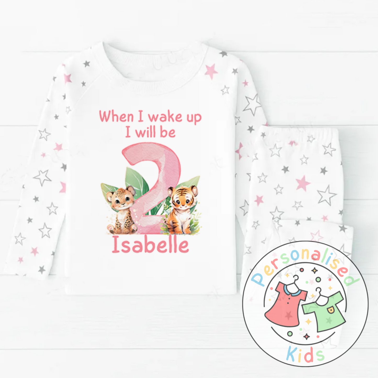 Personalized Safari Animal Birthday Pyjamas – Cute & Comfy for Your Little Explorer! PINK NUMBER