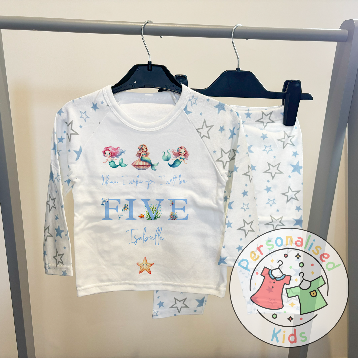 Personalised Mermaid Birthday Pyjamas – “When I Wake Up, I Will Be” Design BLUE WORD