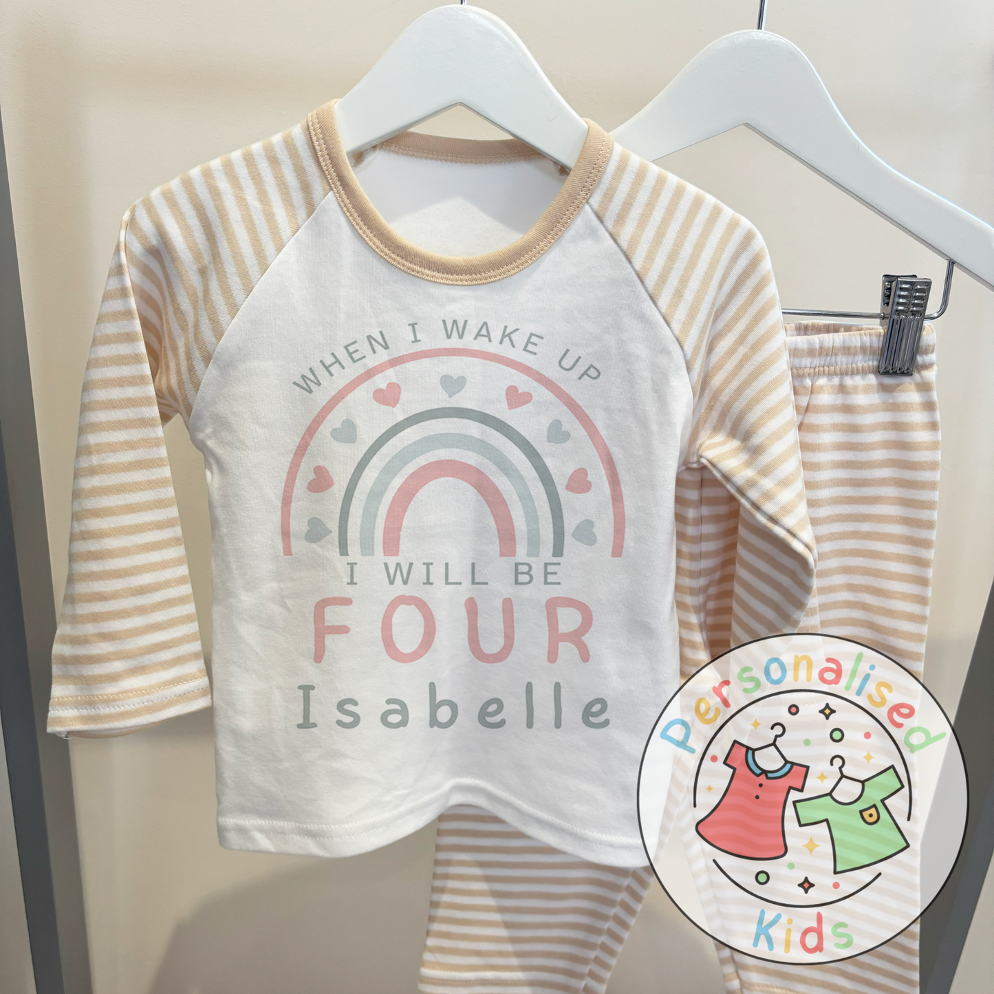 🌈 Personalised Pink & Grey Rainbow "When I Wake Up I Will Be" Birthday Pyjamas – Custom Age & Name 🌟