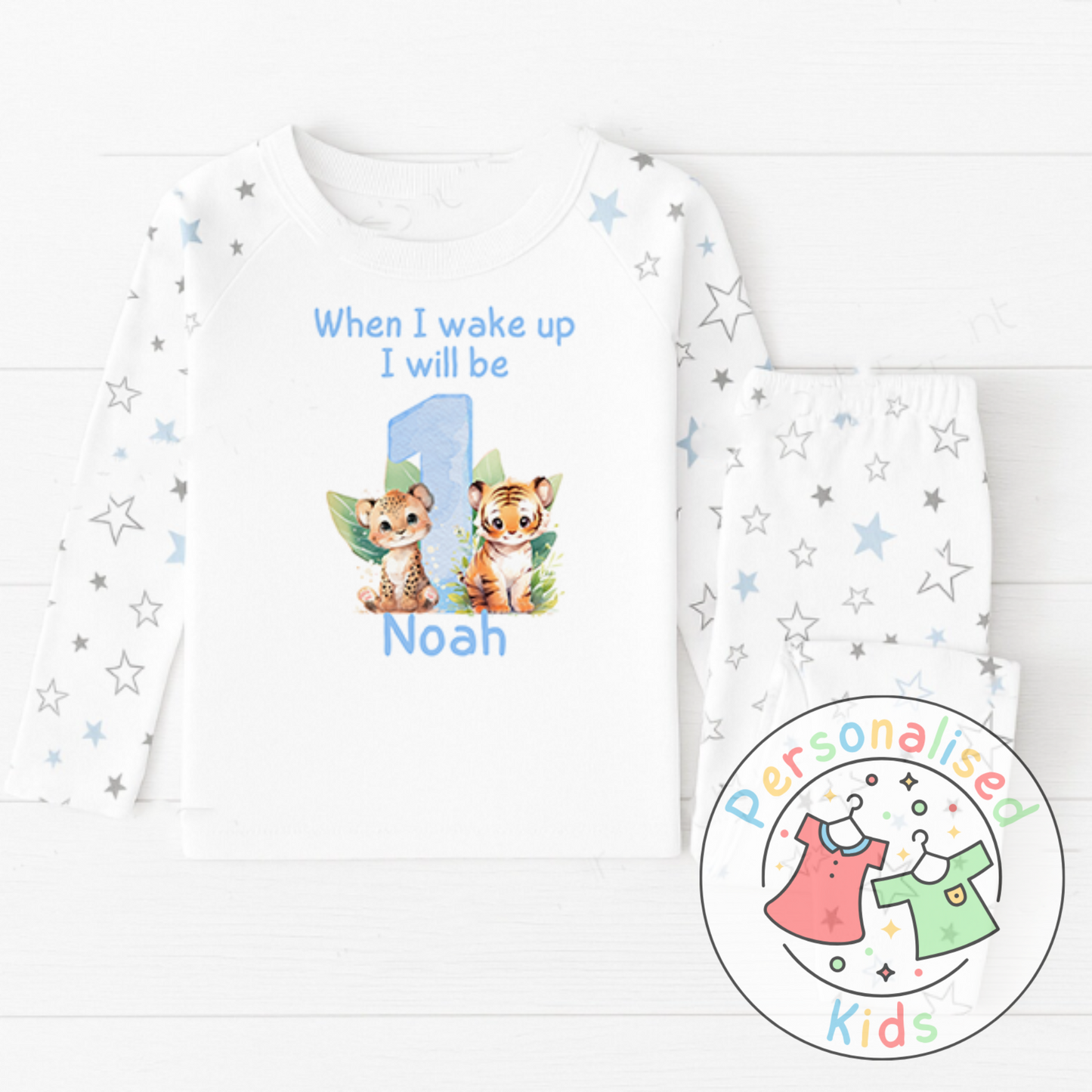 Personalized Safari Animal Birthday Pyjamas – Cute & Comfy for Your Little Explorer! BLUE NUMBER