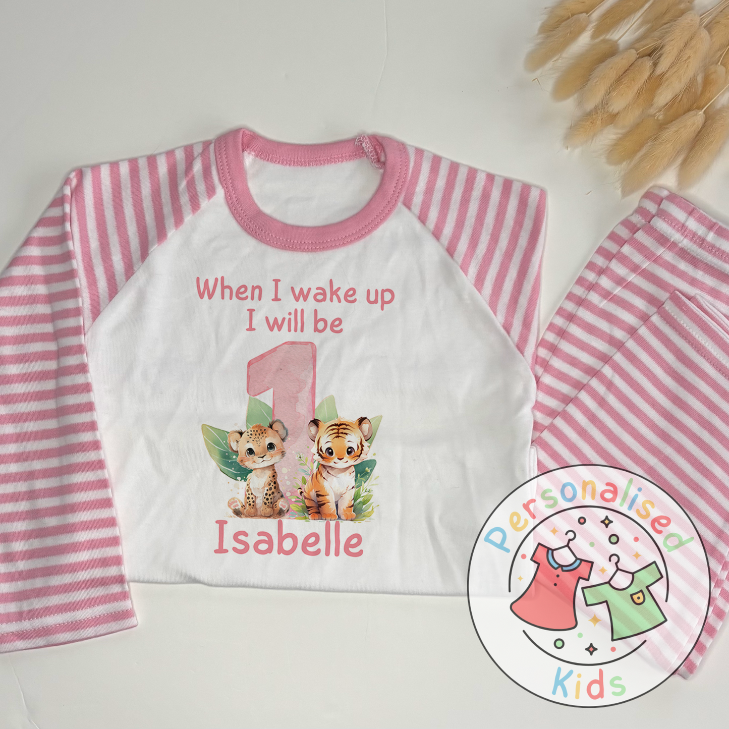 Personalized Safari Animal Birthday Pyjamas – Cute & Comfy for Your Little Explorer! PINK NUMBER