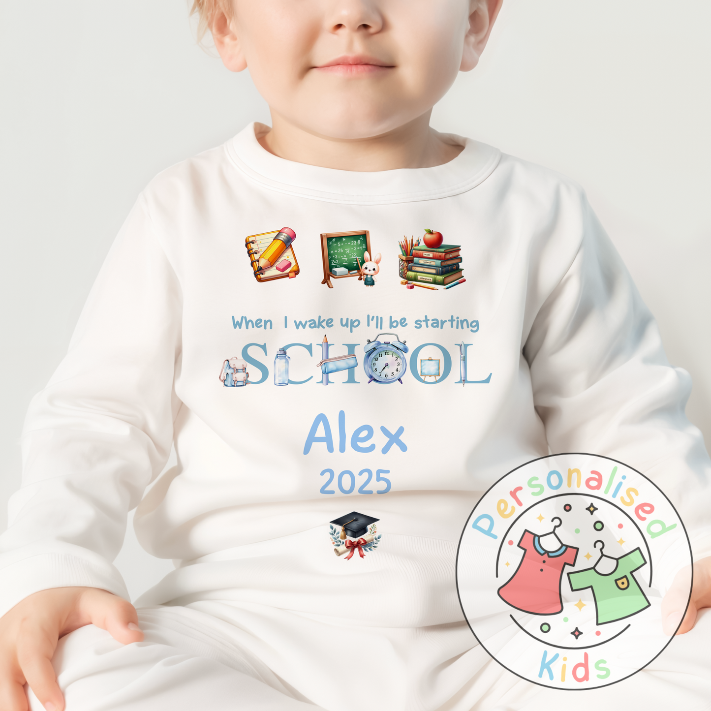 Personalised “When I Wake Up I Will Be Starting School” Pyjamas – Blue Stationery Theme