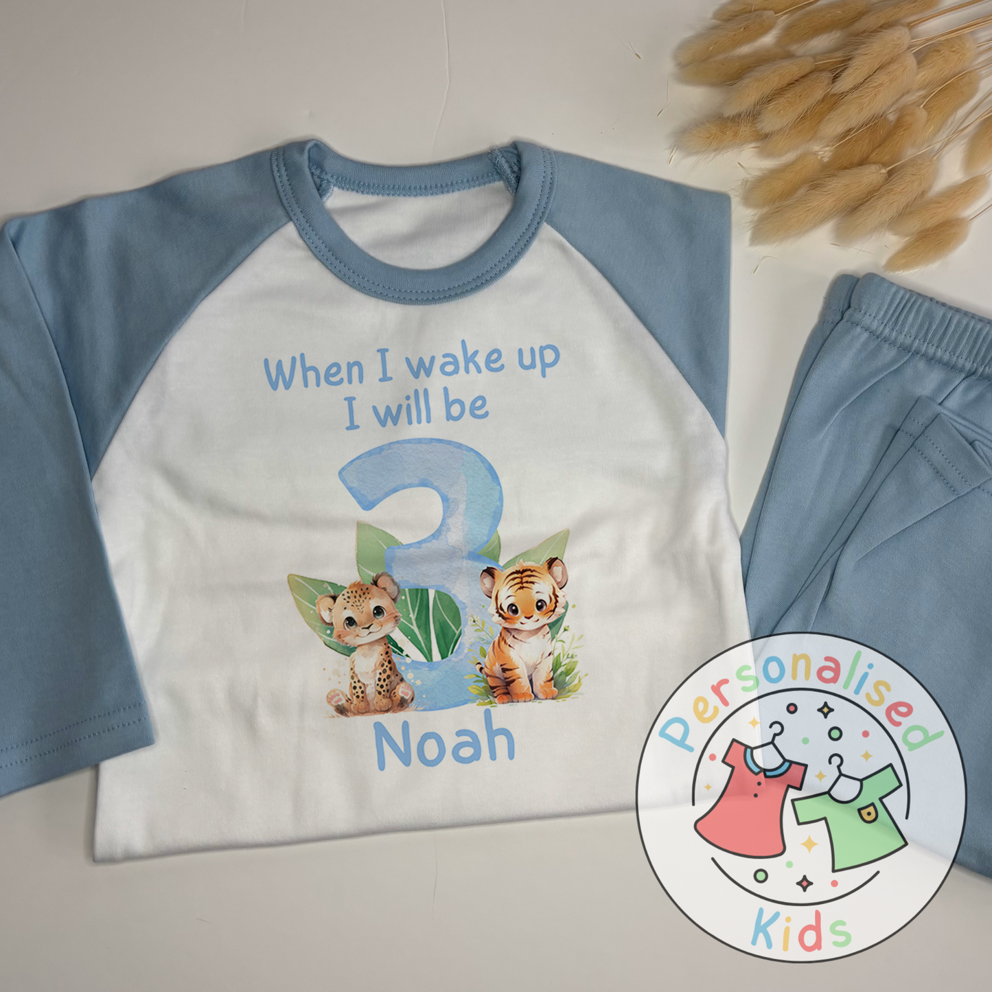 Personalized Safari Animal Birthday Pyjamas – Cute & Comfy for Your Little Explorer! BLUE NUMBER