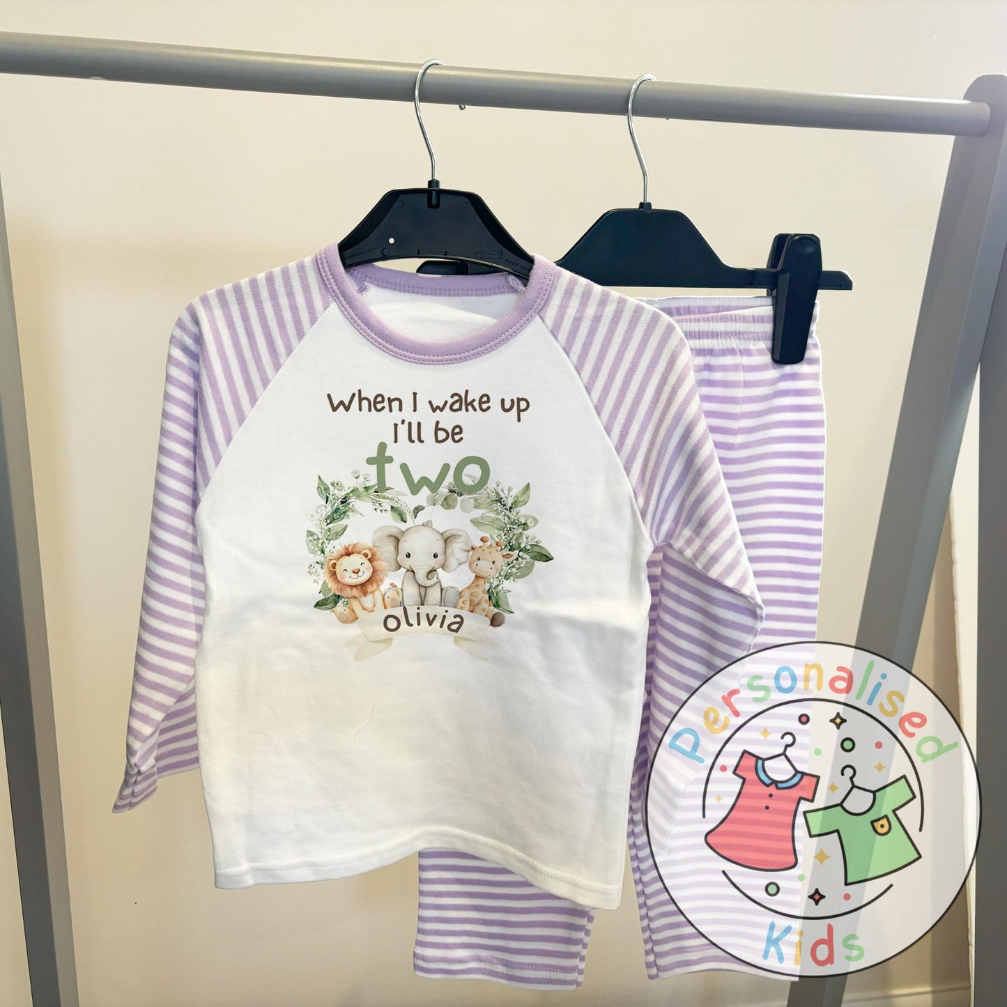 Personalised Safari Animals Birthday Pyjamas – “When I Wake Up I Will Be” Design