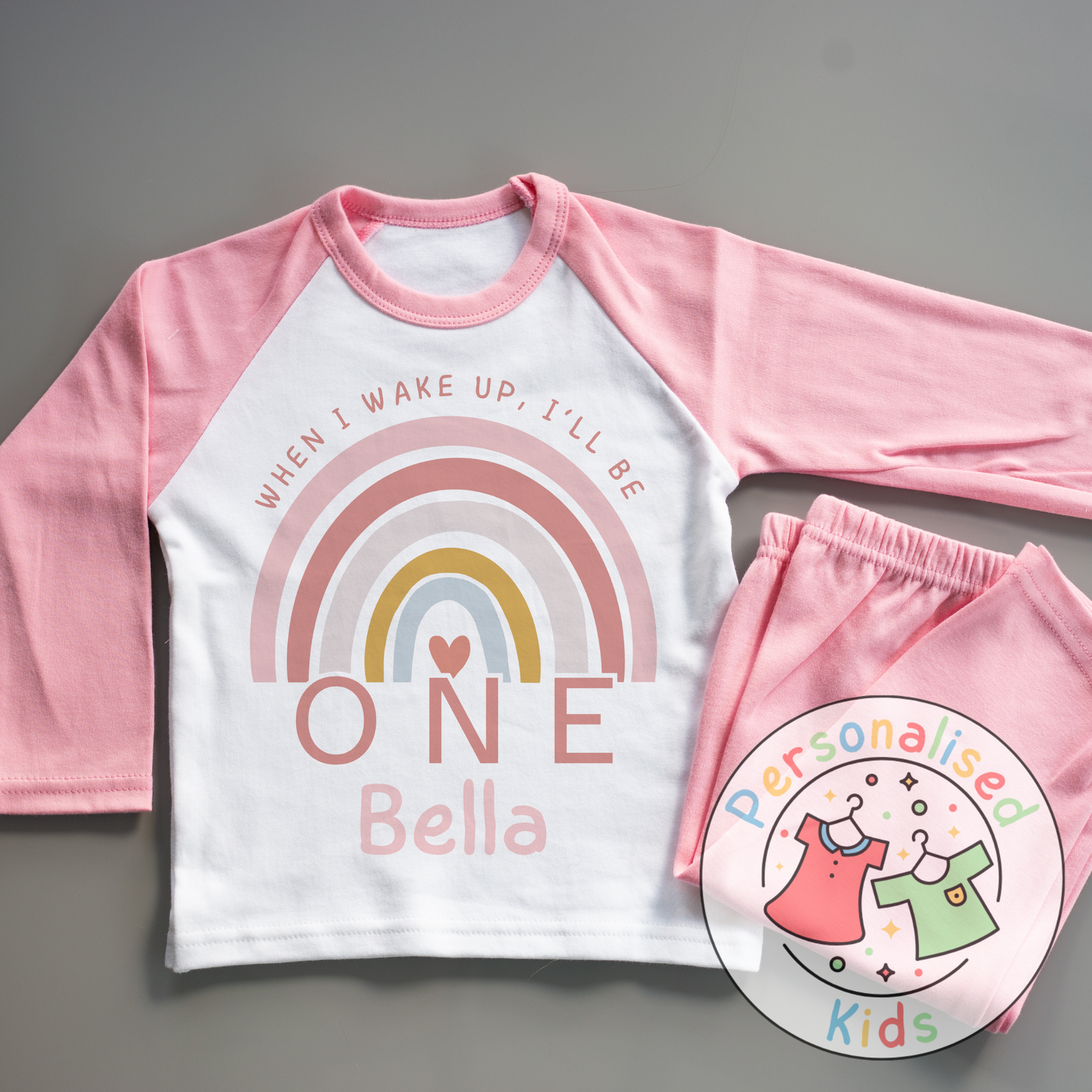 π Personalised Pink Rainbow βWhen I Wake Up, I Will Beβ Birthday Pyjamas β RB001 π