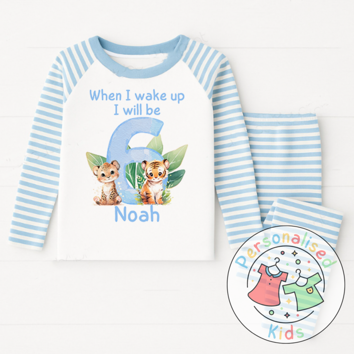 Personalized Safari Animal Birthday Pyjamas – Cute & Comfy for Your Little Explorer! BLUE NUMBER
