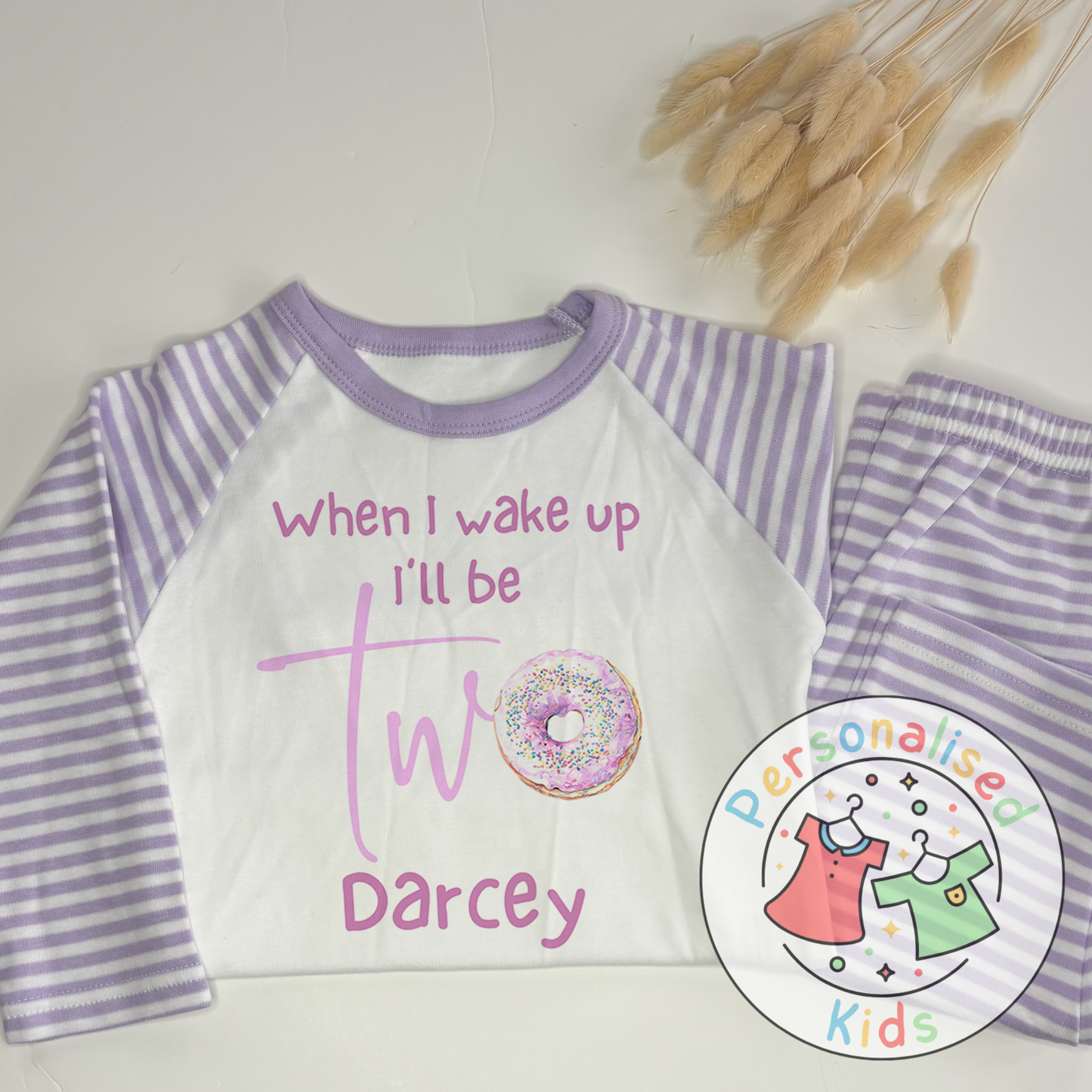 Personalised Donut Second Birthday Pyjamas – “When I Wake Up, I’ll Be Two” Design