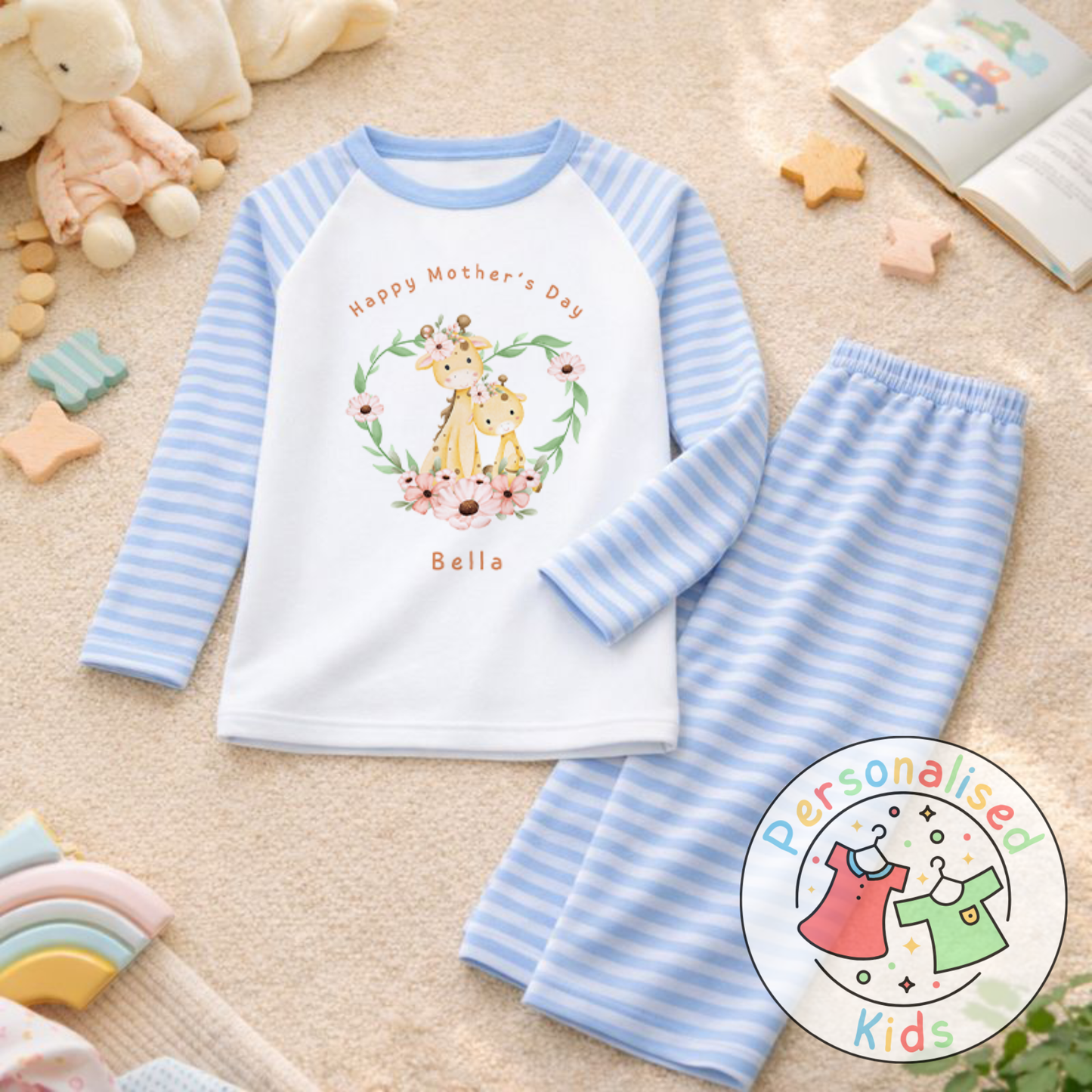 Personalised Mother’s Day Kids Pyjamas – Floral Giraffe | Custom Name | MD005