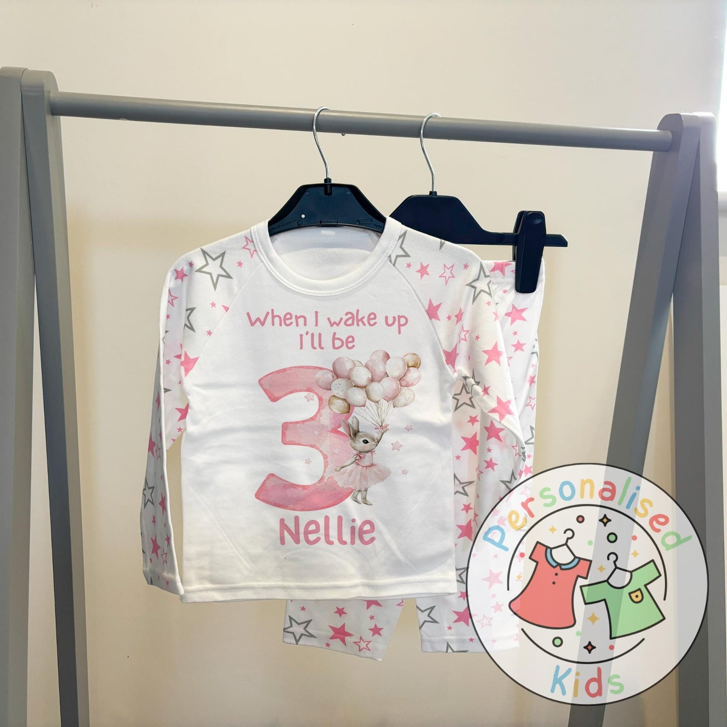 π°β¨ Personalised "When I Wake Up, I Will Be" Pink Floppy Rabbit Birthday Pyjamas β Custom Age & Name β¨π°