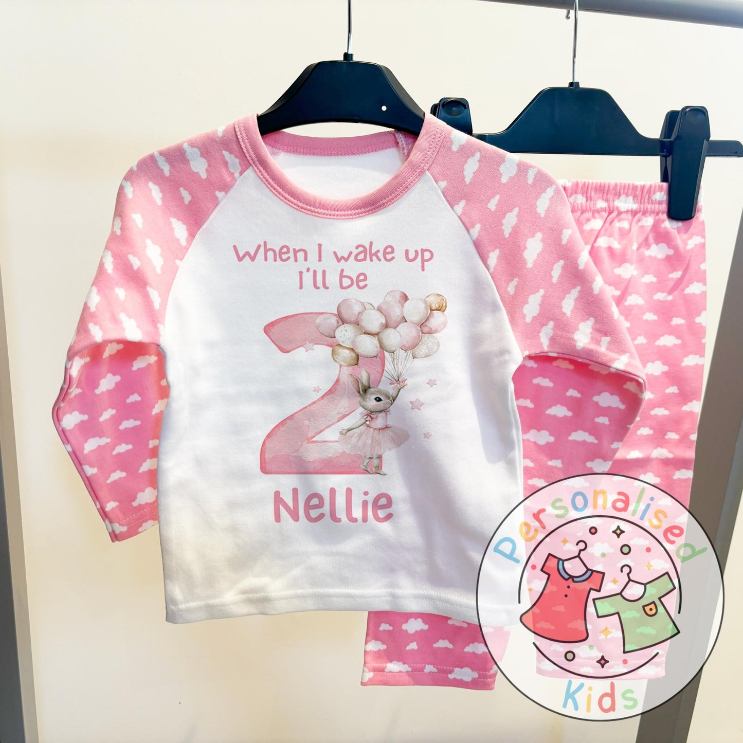 π°β¨ Personalised "When I Wake Up, I Will Be" Pink Floppy Rabbit Birthday Pyjamas β Custom Age & Name β¨π°