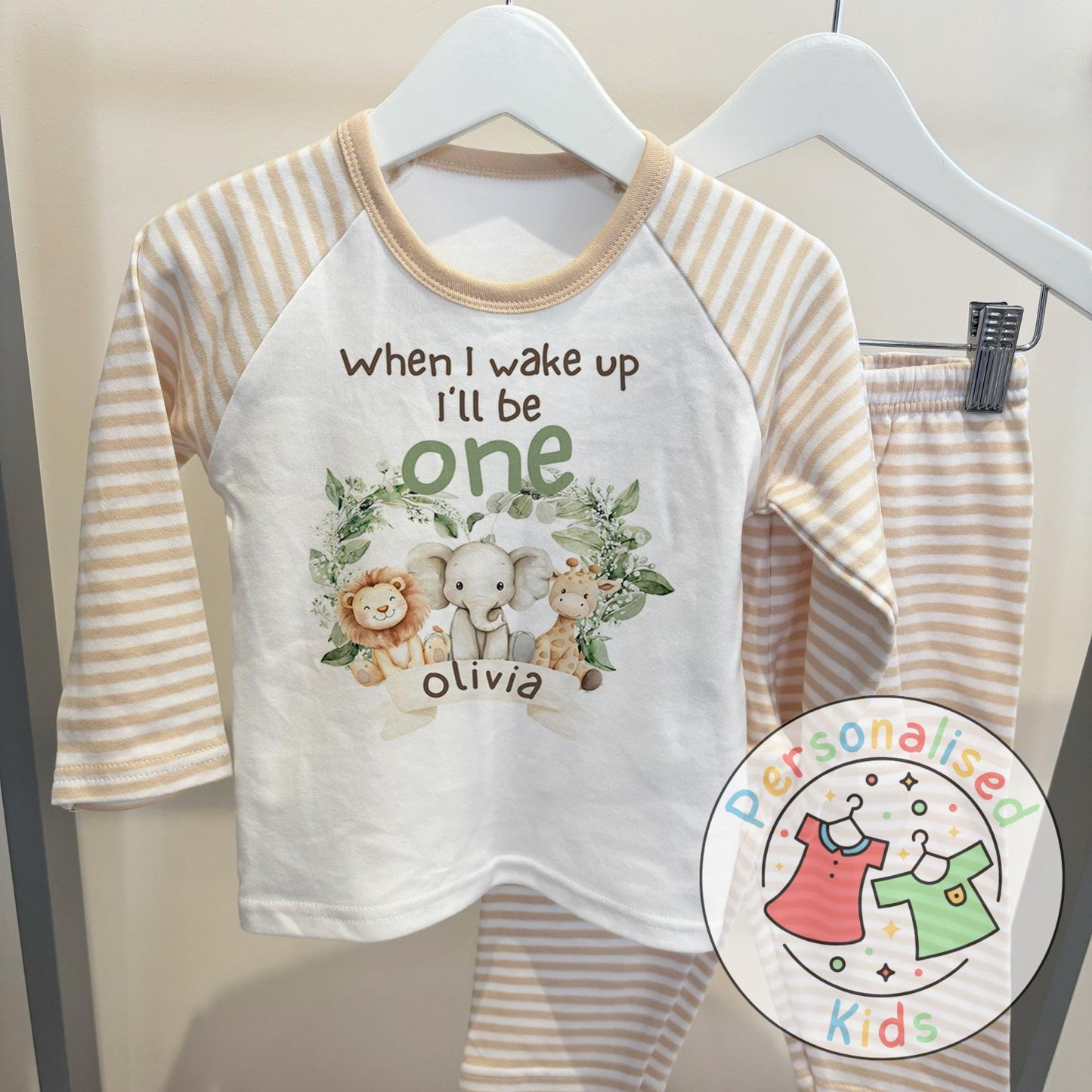 Personalised Safari Animals Birthday Pyjamas – “When I Wake Up I Will Be” Design
