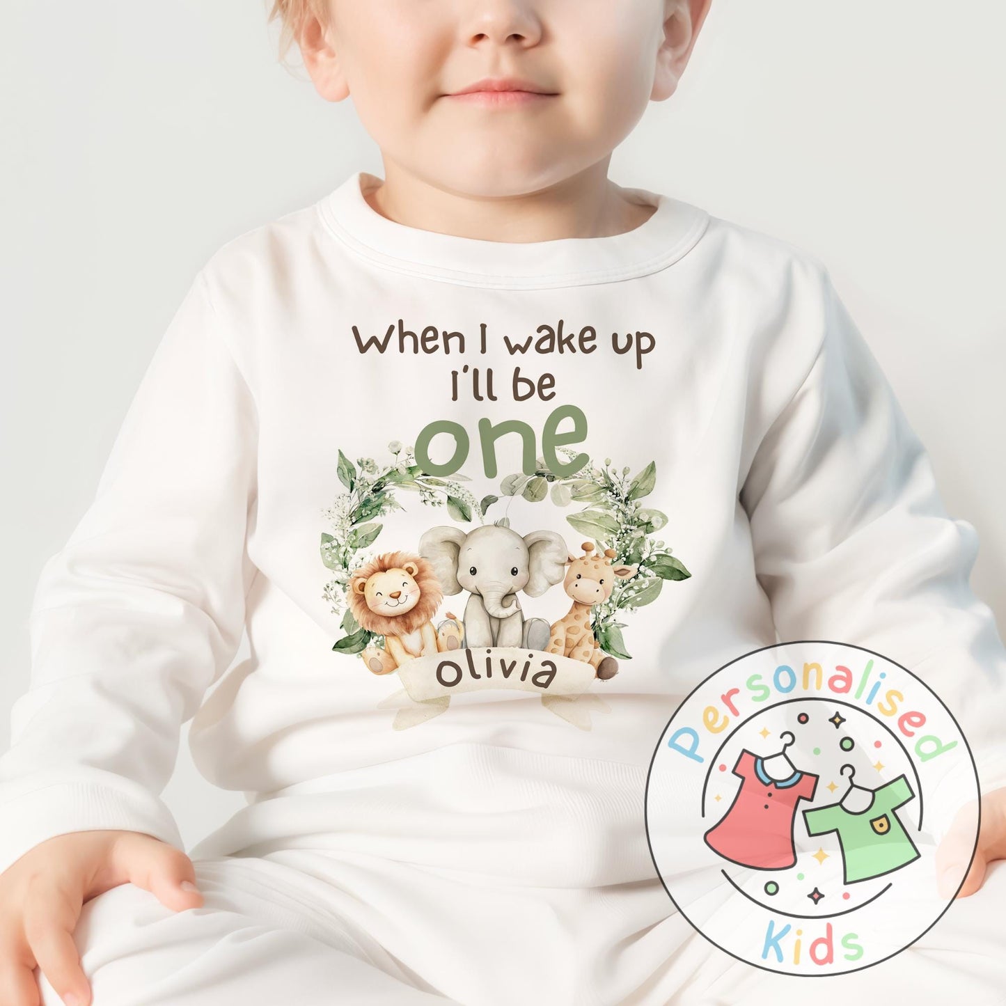 Personalised Safari Animals Birthday Pyjamas – “When I Wake Up I Will Be” Design