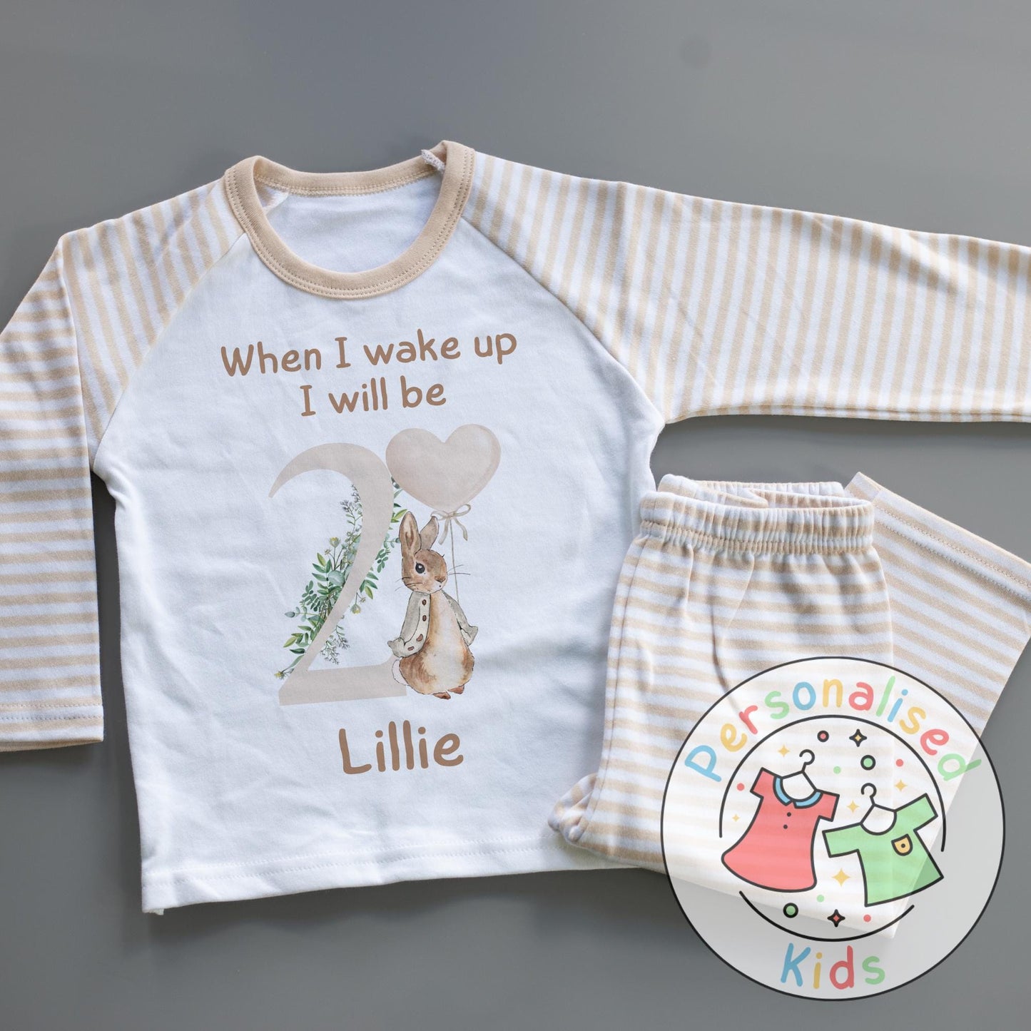 🐰 Personalised "When I Wake Up, I Will Be" Neutral Floppy Rabbit Birthday Pyjamas – Custom Age & Name 🎈