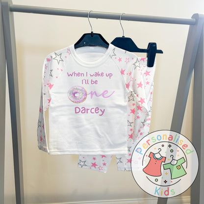 Personalised Donut First Birthday Pyjamas – “When I Wake Up, I’ll Be One” Design