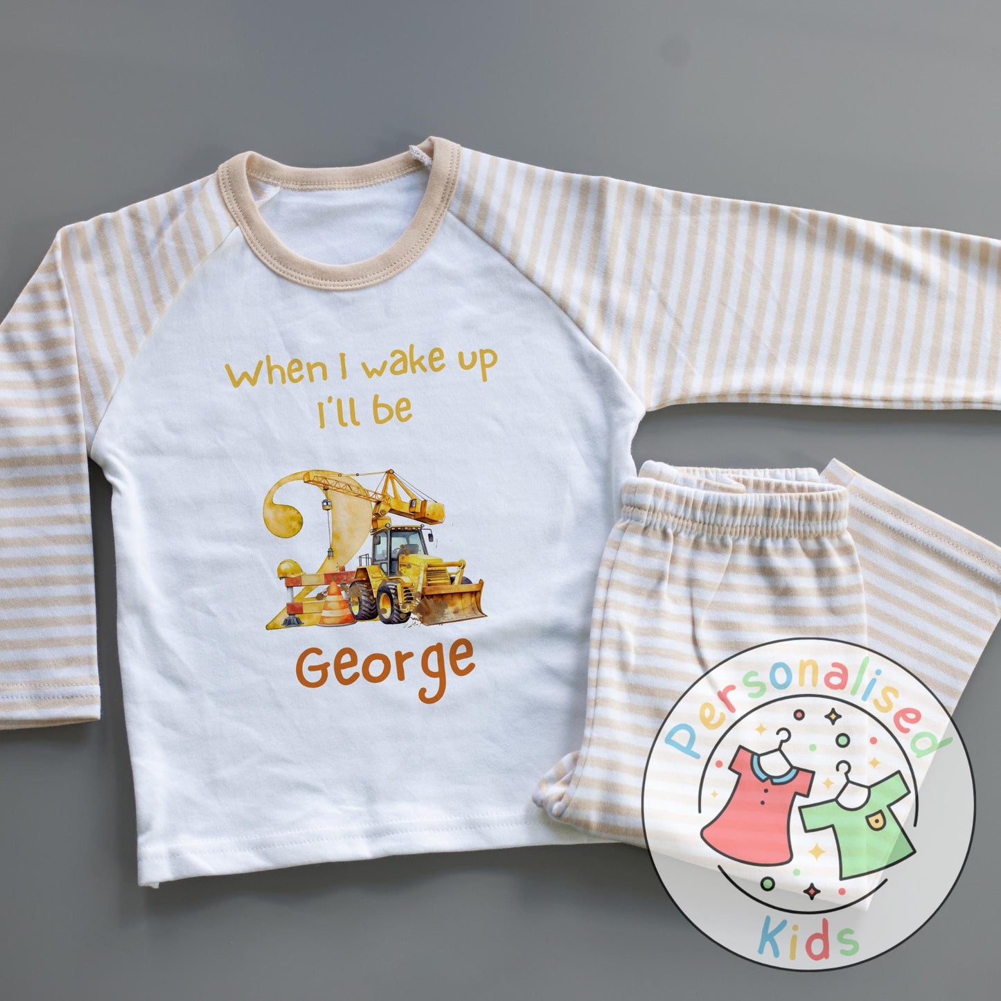 Personalised Diggerland Birthday Pyjamas – “When I Wake Up, I Will Be” Construction Theme
