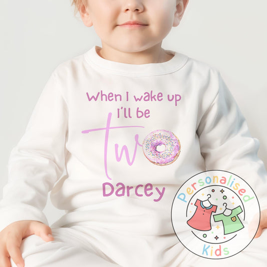 Personalised Donut Second Birthday Pyjamas – “When I Wake Up, I’ll Be Two” Design