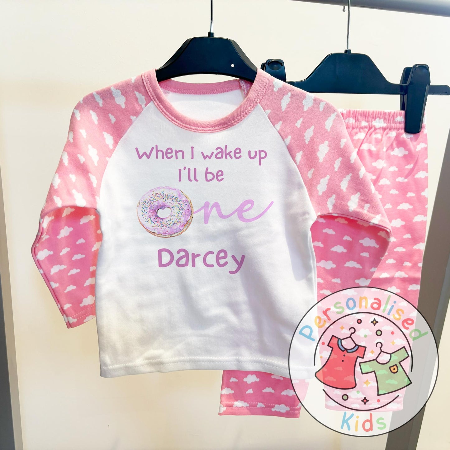 Personalised Donut First Birthday Pyjamas – “When I Wake Up, I’ll Be One” Design