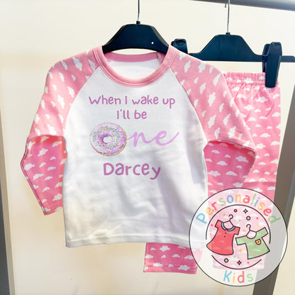 Personalised Donut First Birthday Pyjamas – “When I Wake Up, I’ll Be One” Design