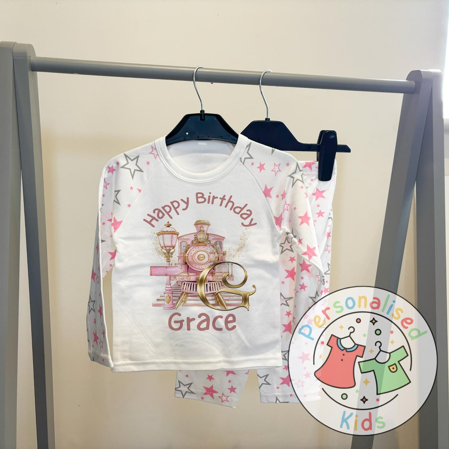 Personalized Pink Express Train Pyjamas – All Aboard for Sweet Dreams!